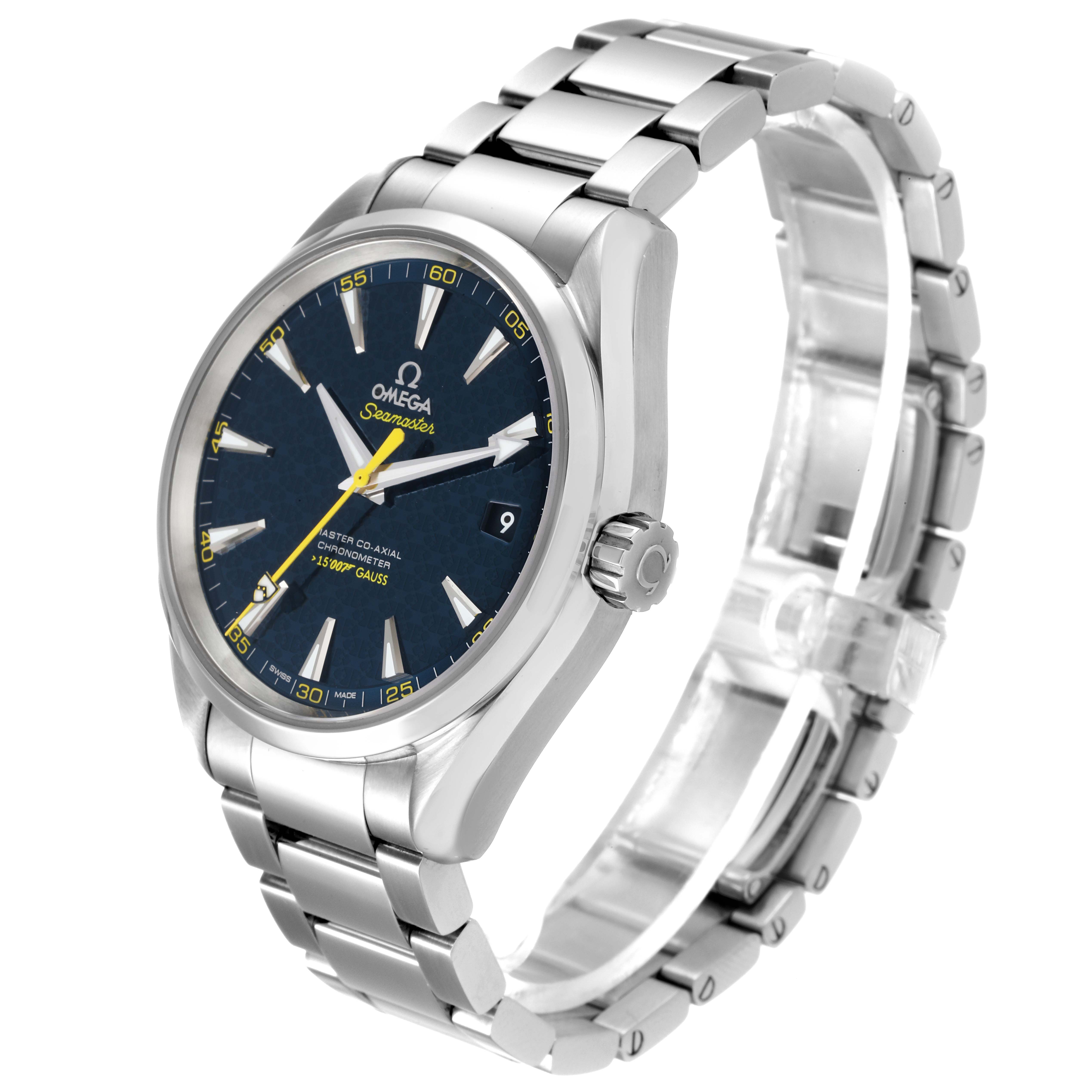 The Omega Aqua Terra 231.10.42.21.03.004 Men's Stainless Steel Blue Dial 231.10.42.21.03.004 Men's Stainless Steel Blue Dial watch is shown at an oblique angle, highlighting the face, metal band, and side crown.