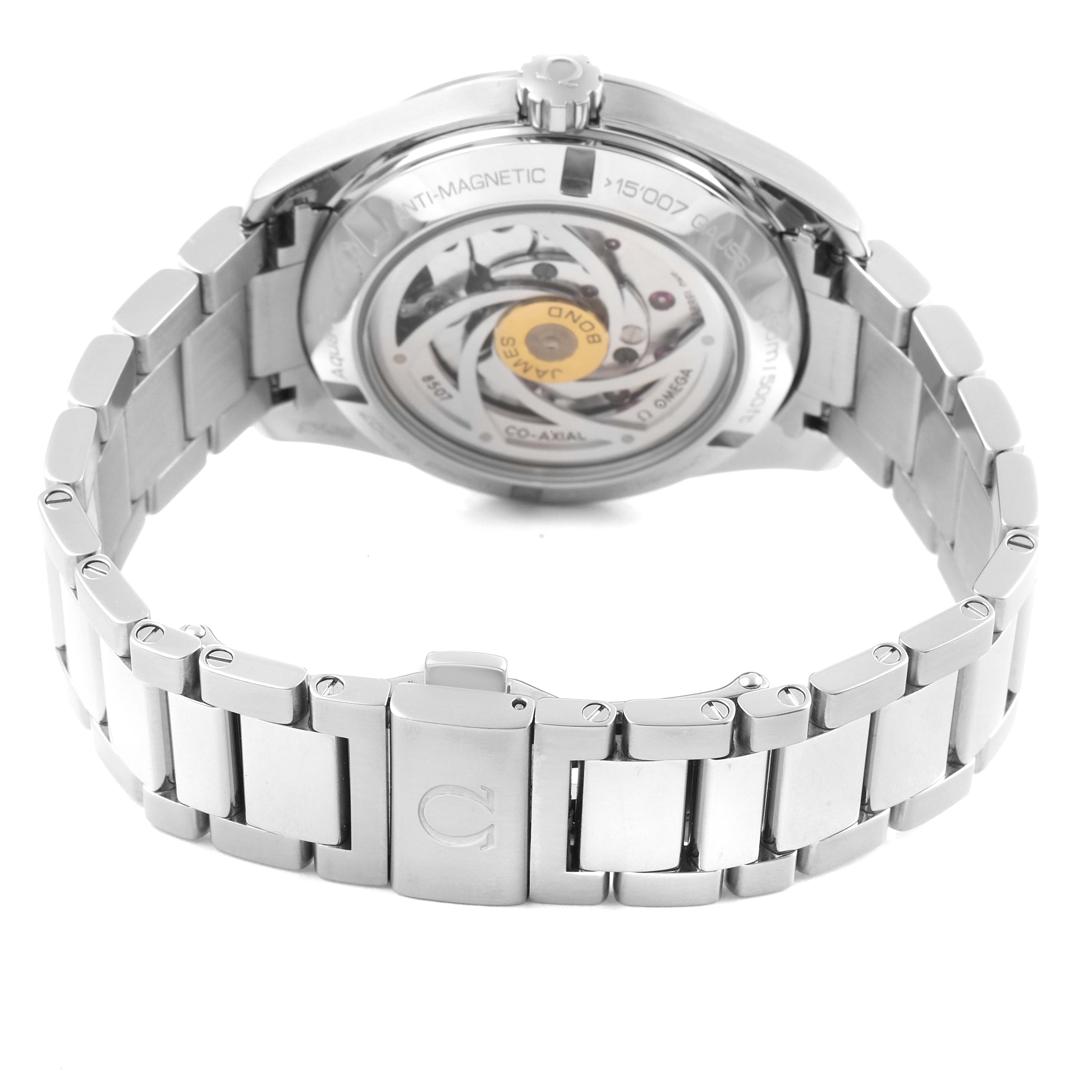 The image shows the back view of the Aqua Terra model by Omega, highlighting the watch's clasp, bracelet, and visible movement.