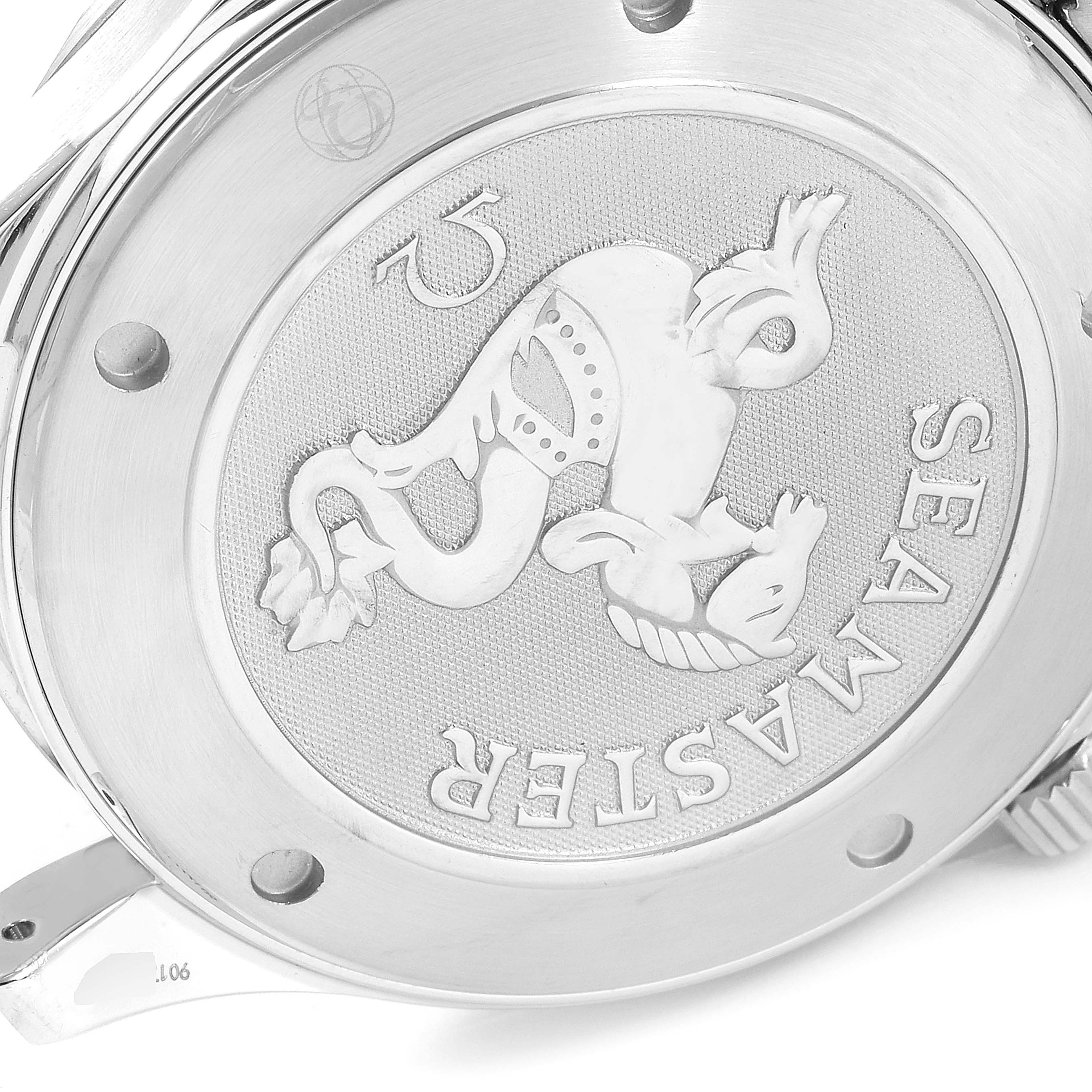 The image shows the engraved case back of an Omega Seamaster 2221.80.00 Men's Stainless Steel Blue Dial 2221.80.00 Men's Stainless Steel Blue Dial watch from a slightly angled top view.