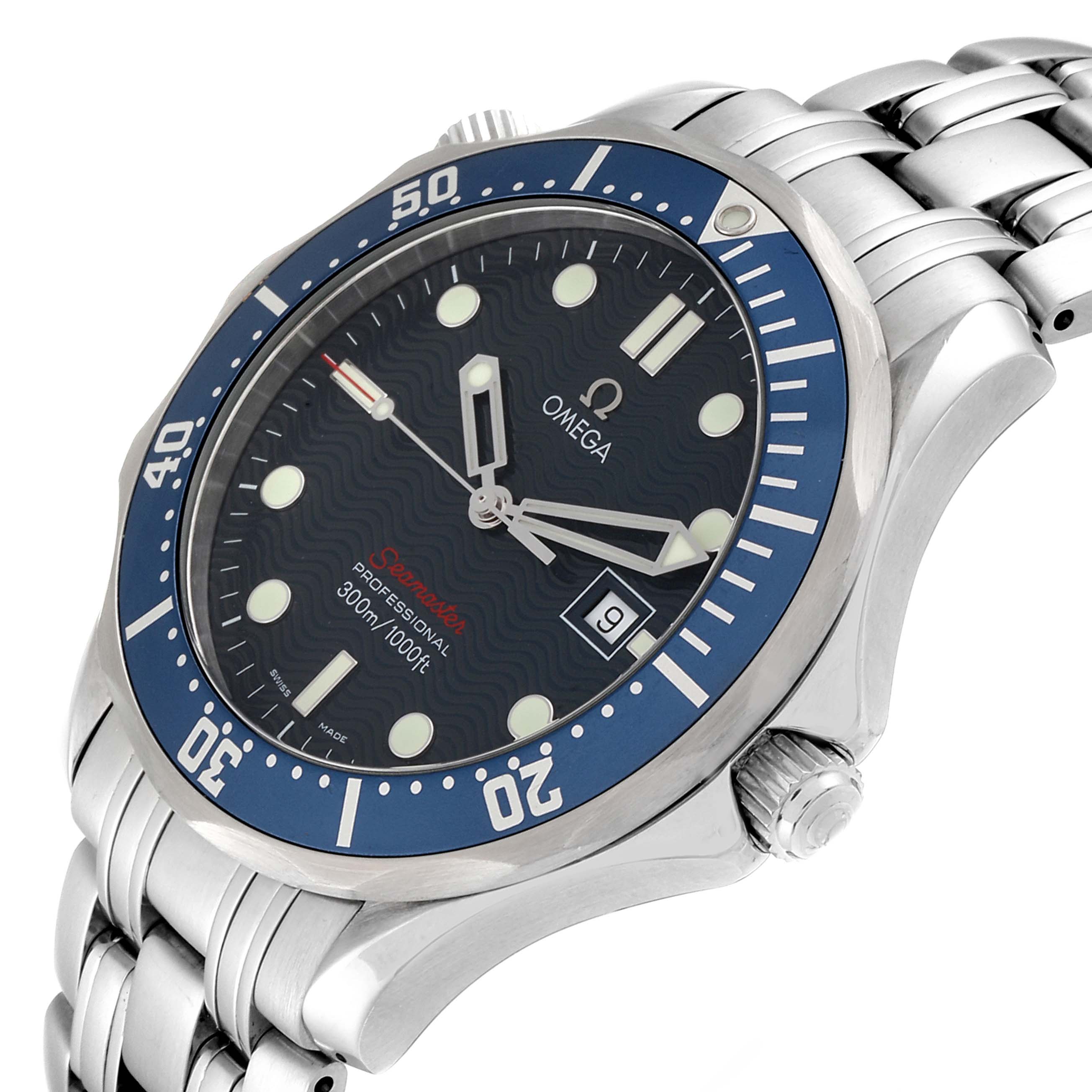 The Omega Seamaster 2221.80.00 Men's Stainless Steel Blue Dial 2221.80.00 Men's Stainless Steel Blue Dial watch is shown from a front angle, featuring the face, bezel, crown, and part of the bracelet.
