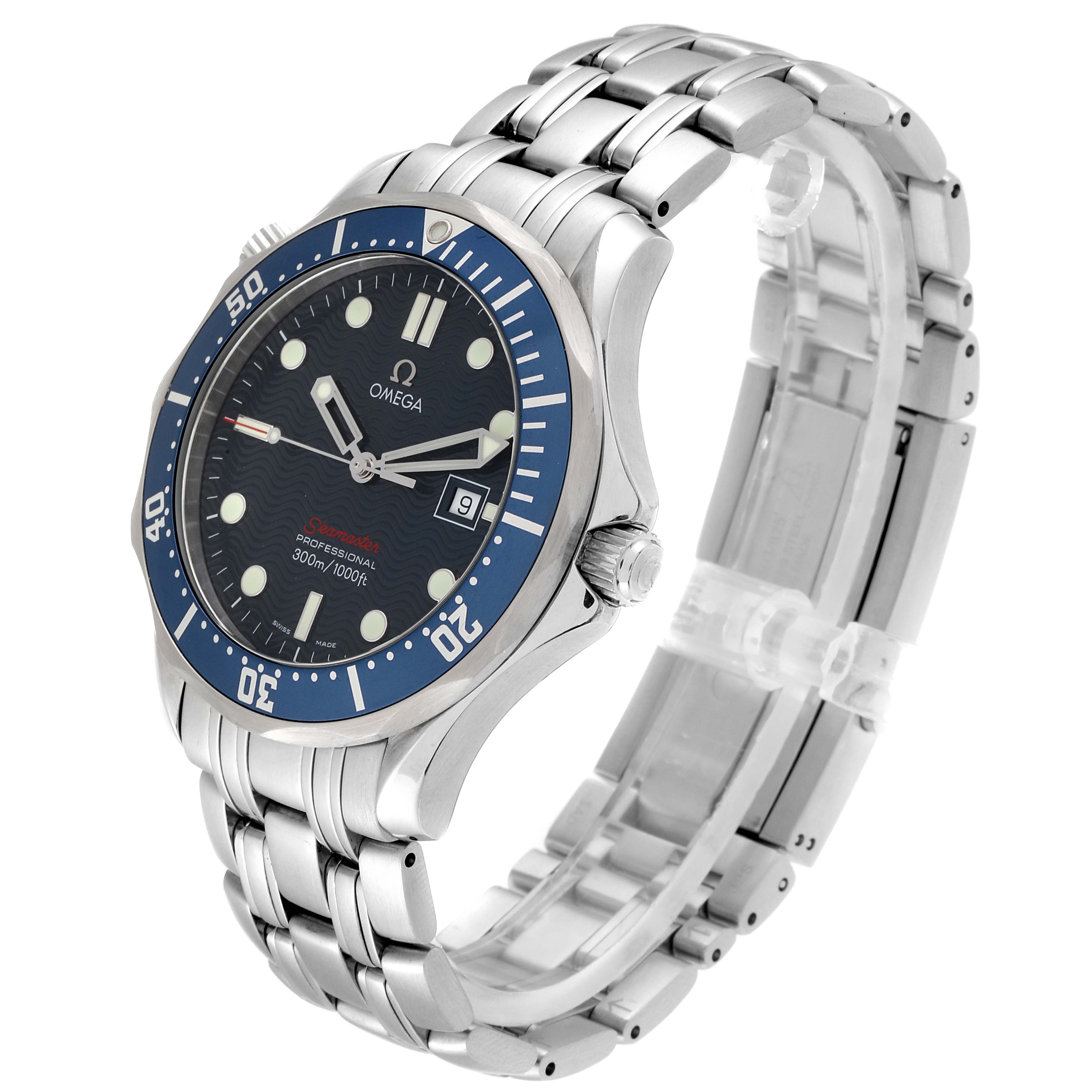 The image shows an Omega Seamaster 2221.80.00 Men's Stainless Steel Blue Dial 2221.80.00 Men's Stainless Steel Blue Dial watch angled to display the face, bezel, crown, and stainless steel bracelet.