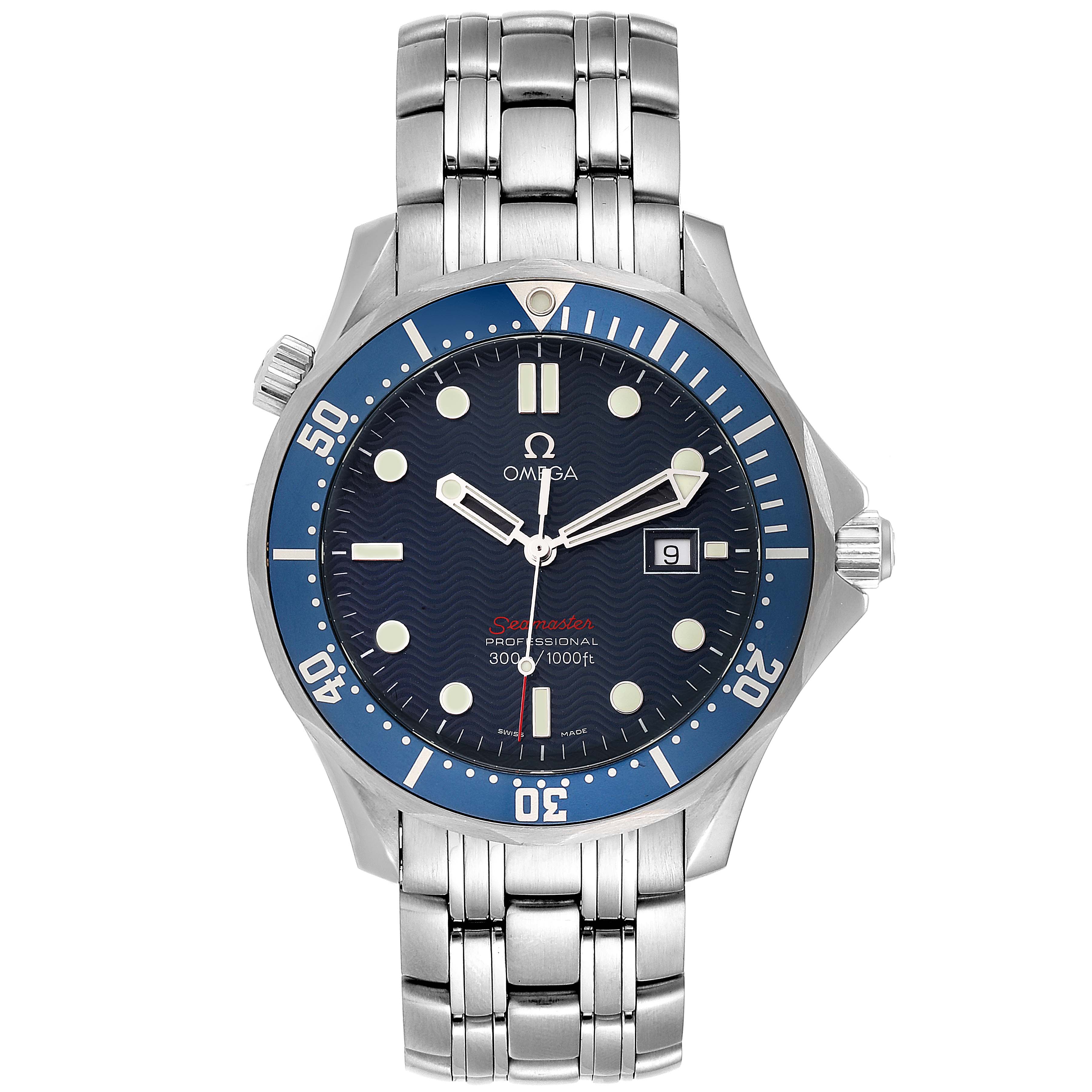 The image shows a front view of an Omega Seamaster 2221.80.00 Men's Stainless Steel Blue Dial 2221.80.00 Men's Stainless Steel Blue Dial watch with its dial, bezel, and bracelet visible.
