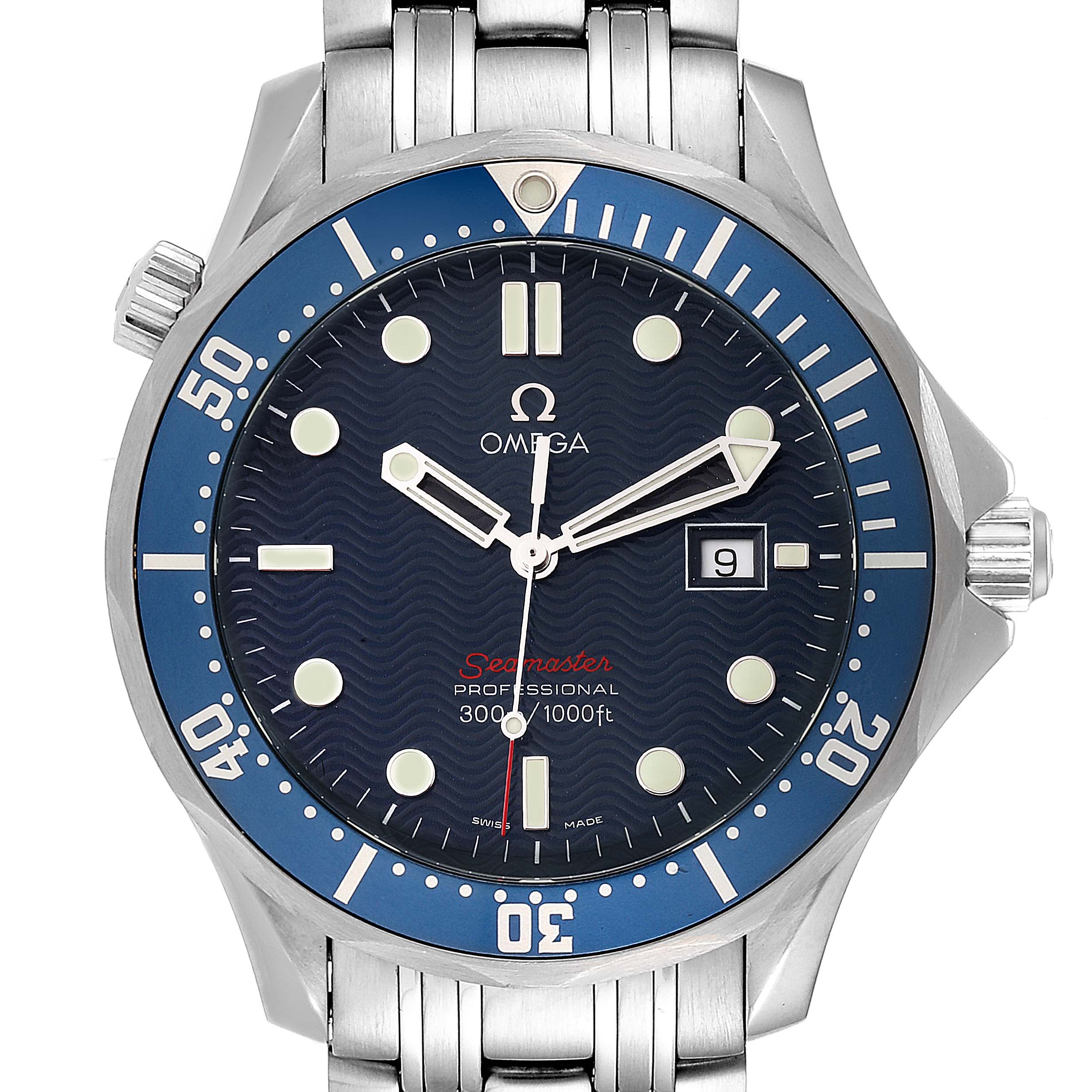 The image shows a front view of the Omega Seamaster 2221.80.00 Men's Stainless Steel Blue Dial 2221.80.00 Men's Stainless Steel Blue Dial watch, highlighting the dial, bezel, crown, and part of the bracelet.
