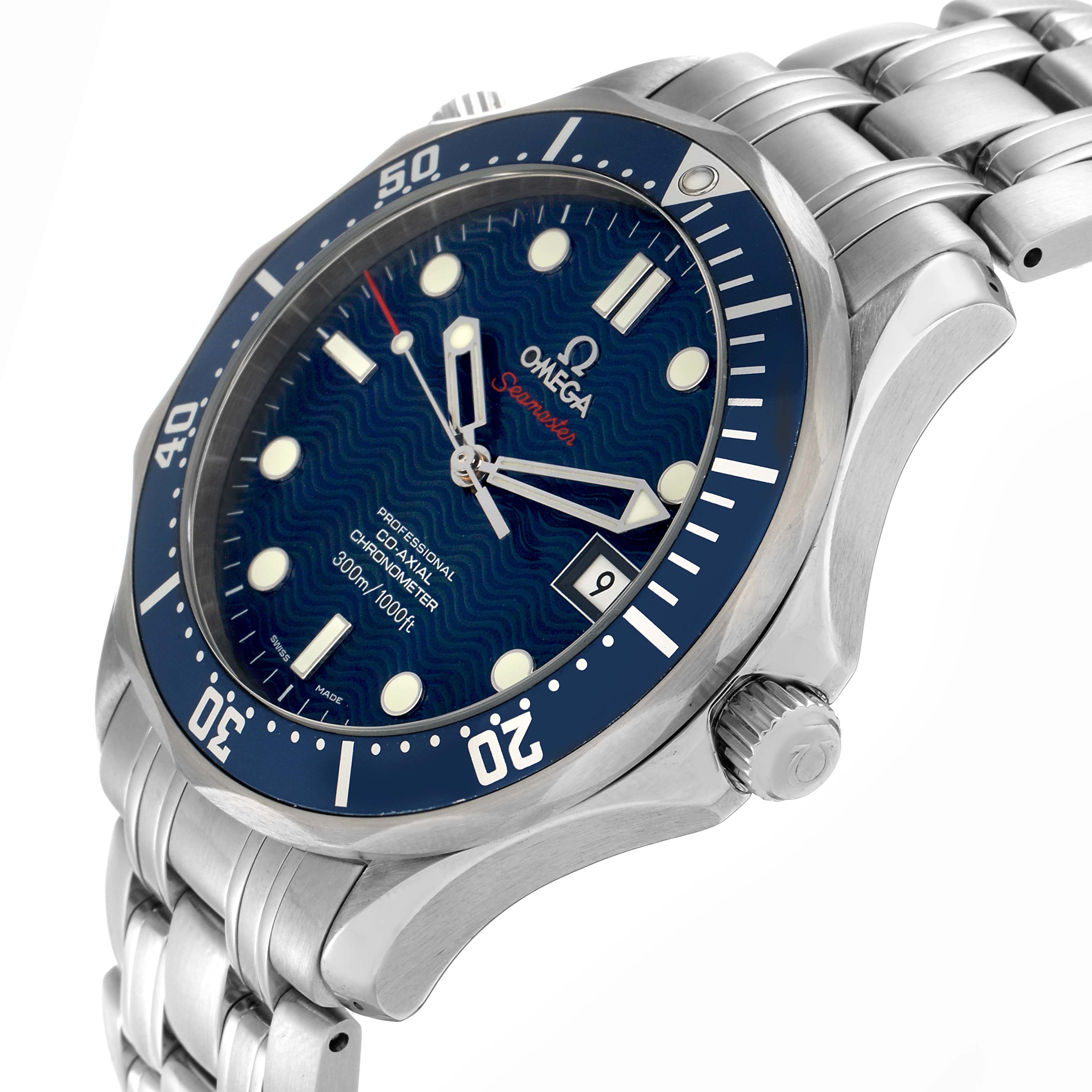 The Omega Seamaster model 2220.80.00 is shown at an angled view, highlighting the dial, bezel, crown, and partial bracelet.
