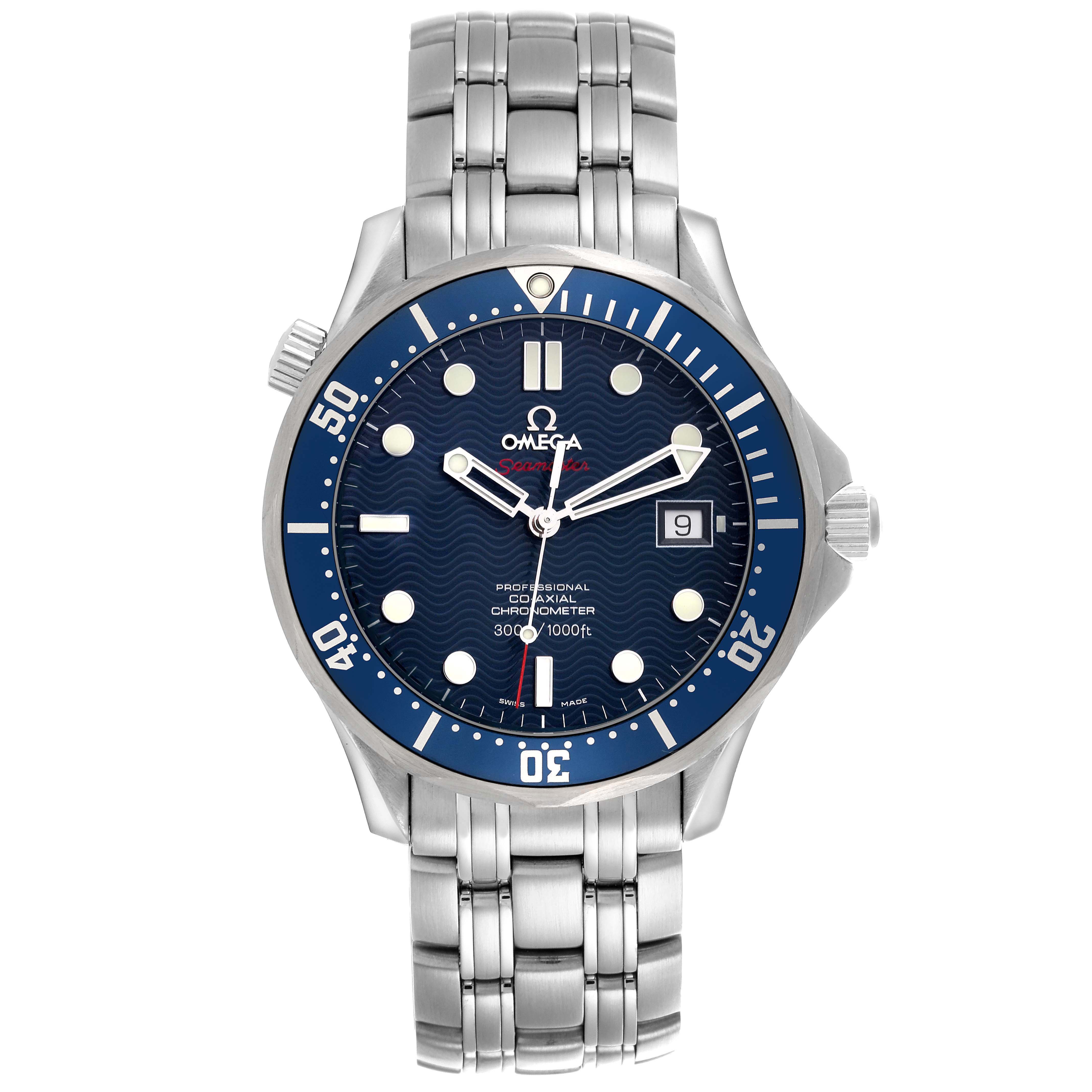 The image shows a front-facing view of the Omega Seamaster model 2220.80.00, featuring its blue dial, unidirectional bezel, and stainless steel bracelet.