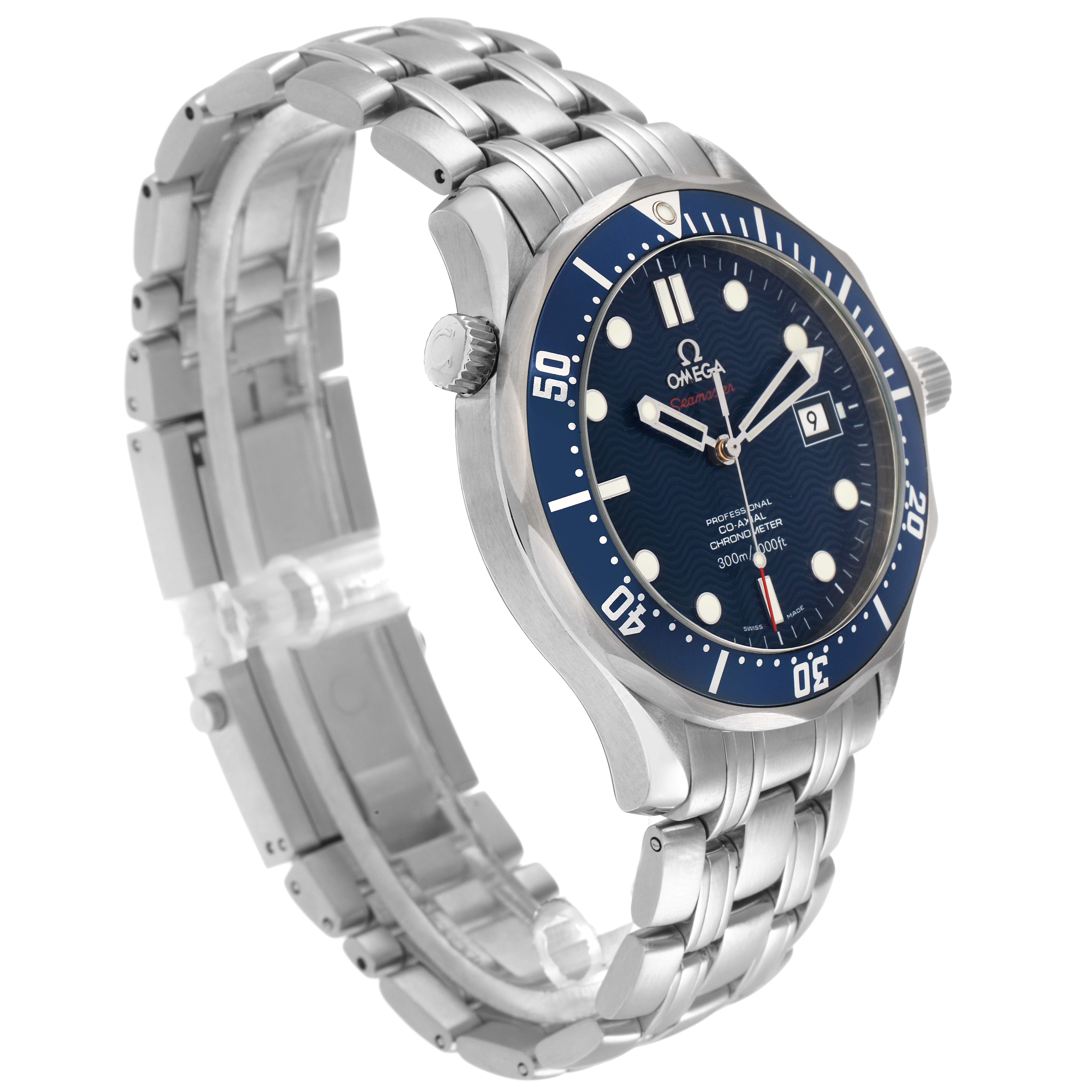 The Omega Seamaster model 2220.80.00 watch is shown at an angled side view, highlighting the face, bezel, crown, and stainless steel bracelet.