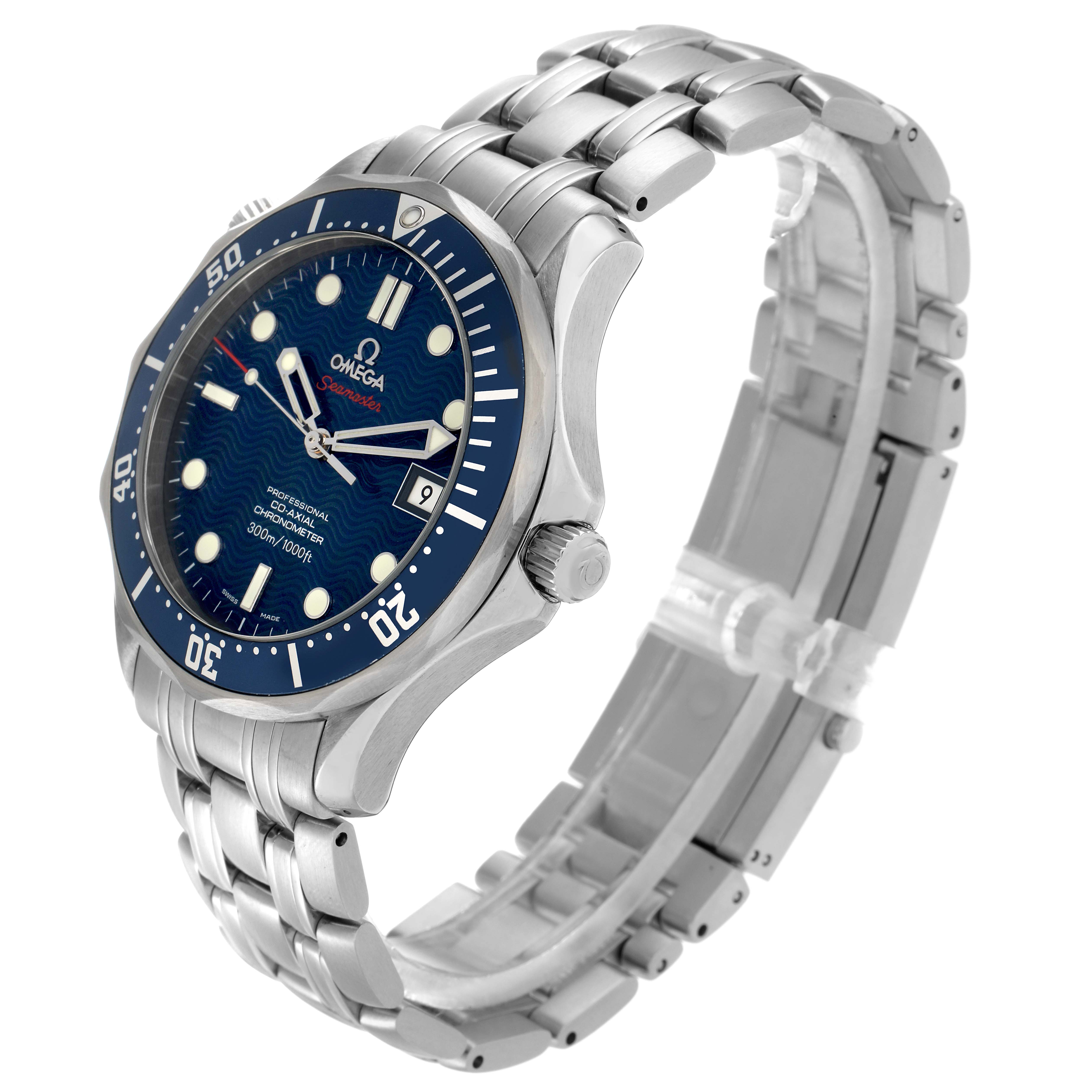 The Omega Seamaster model 2220.80.00 is shown at a three-quarter angle, highlighting its blue dial, bezel, crown, and stainless steel bracelet.