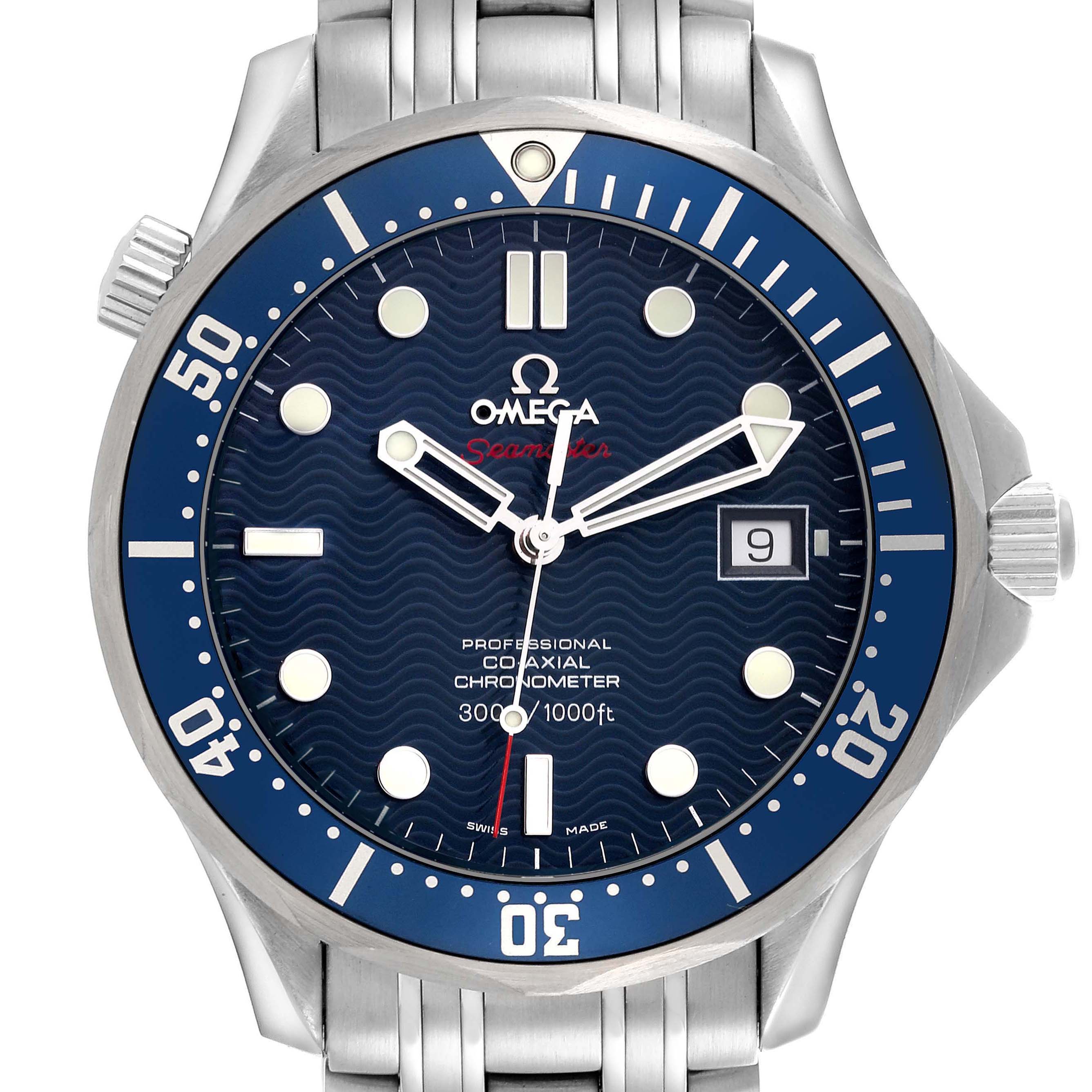 The Omega Seamaster model 2220.80.00 is shown from a front angle, displaying its blue dial, bezel, hour markers, hands, and stainless steel bracelet.
