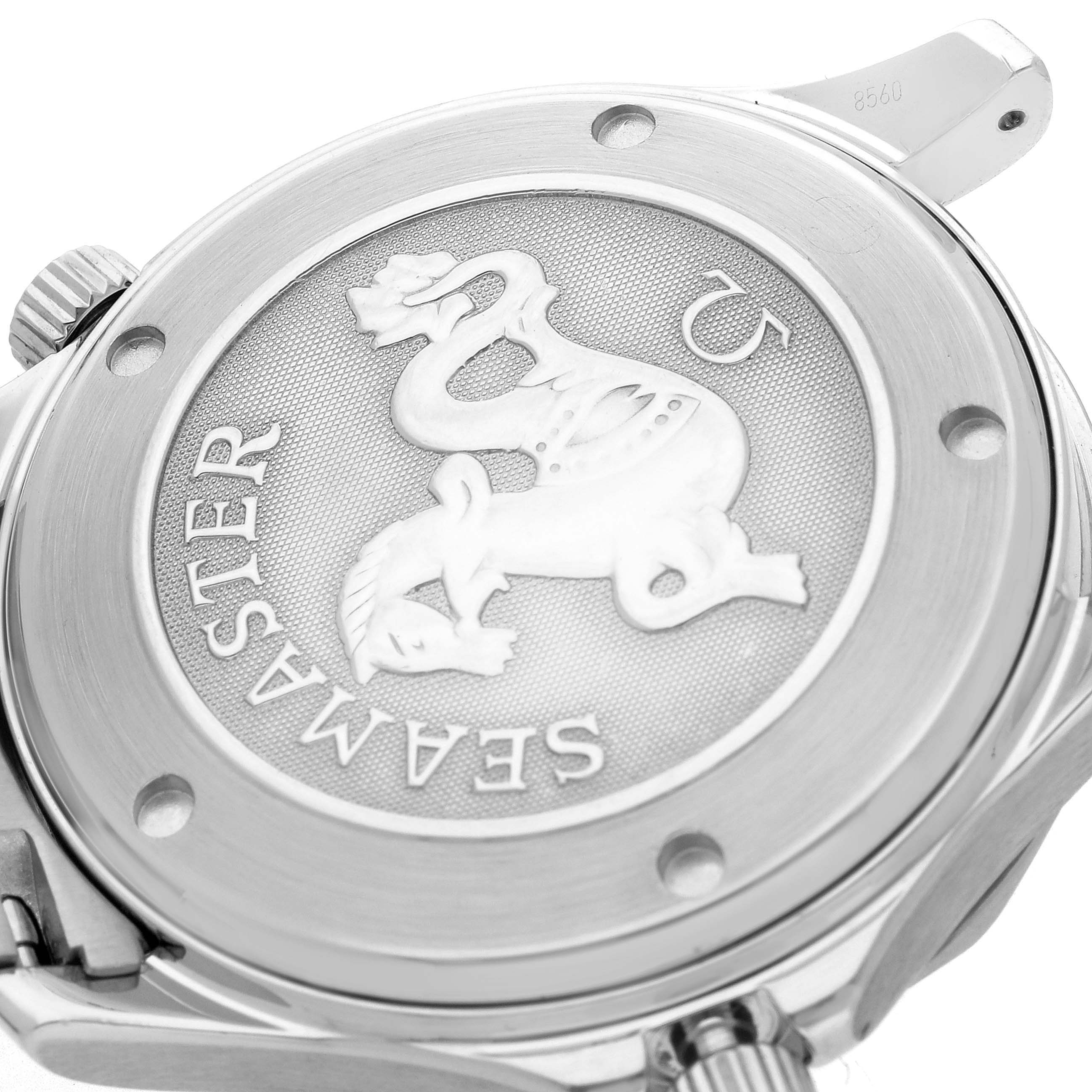 The image shows the case back of the Omega Seamaster model 2220.80.00, featuring the embossed Seamaster logo at an angled view.