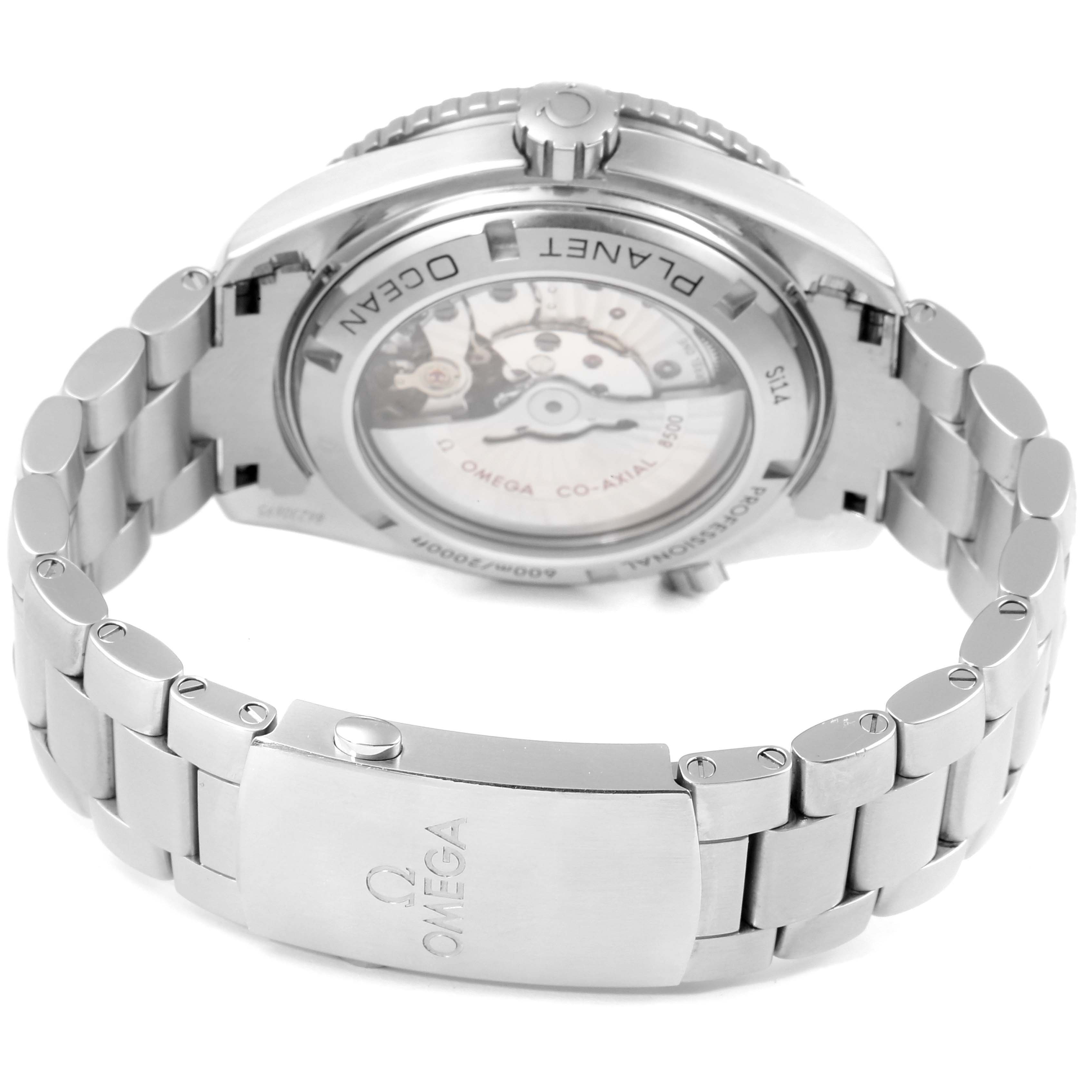 The image shows the back view of the Omega Planet Ocean 232.30.46.21.01.002 Men's Stainless Steel Black Dial 232.30.46.21.01.002 Men's Stainless Steel Black Dial watch, focusing on its stainless steel bracelet and open case back.