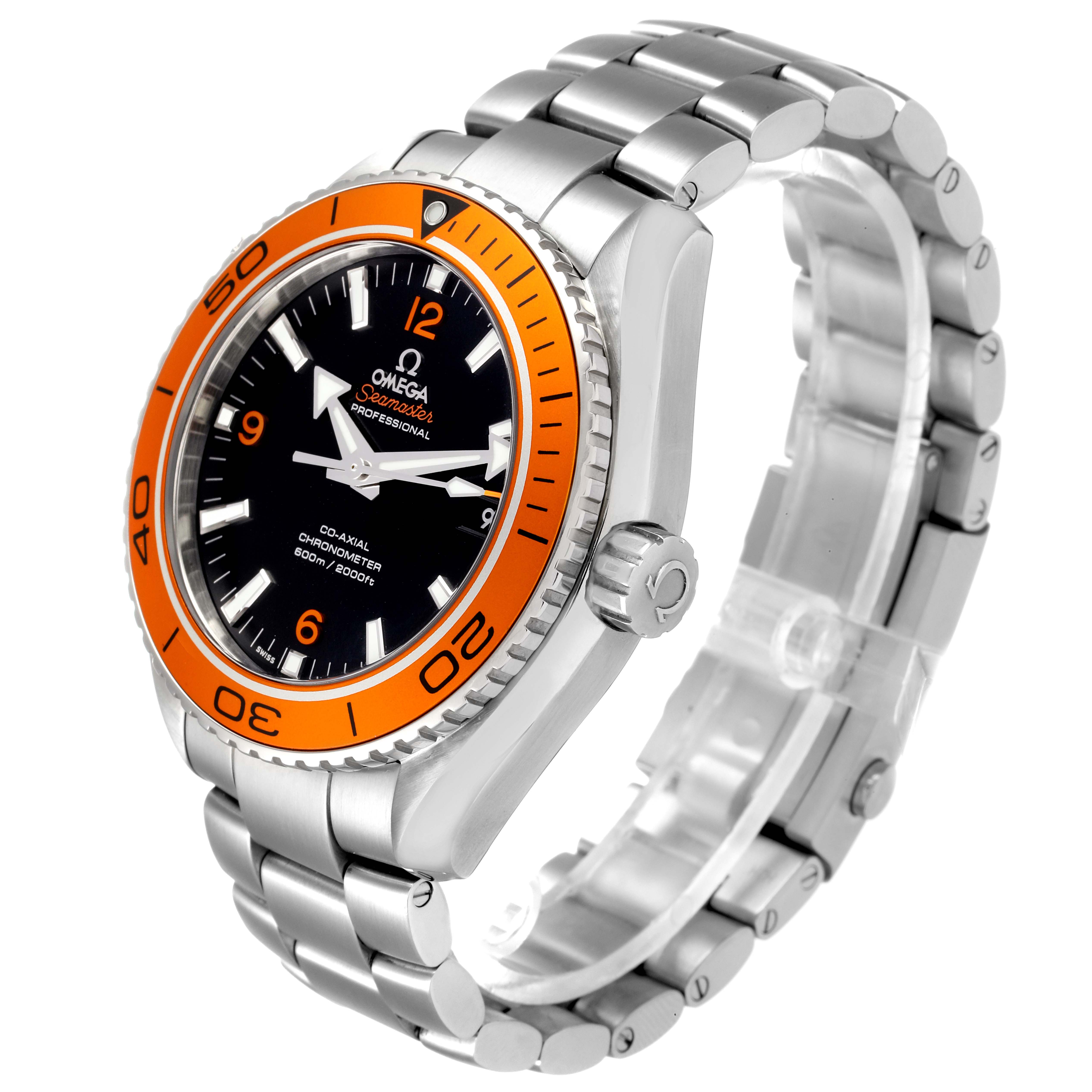 The Omega Planet Ocean 232.30.46.21.01.002 Men's Stainless Steel Black Dial 232.30.46.21.01.002 Men's Stainless Steel Black Dial watch is shown at a three-quarter angle, displaying the face, bezel, crown, and metal bracelet.