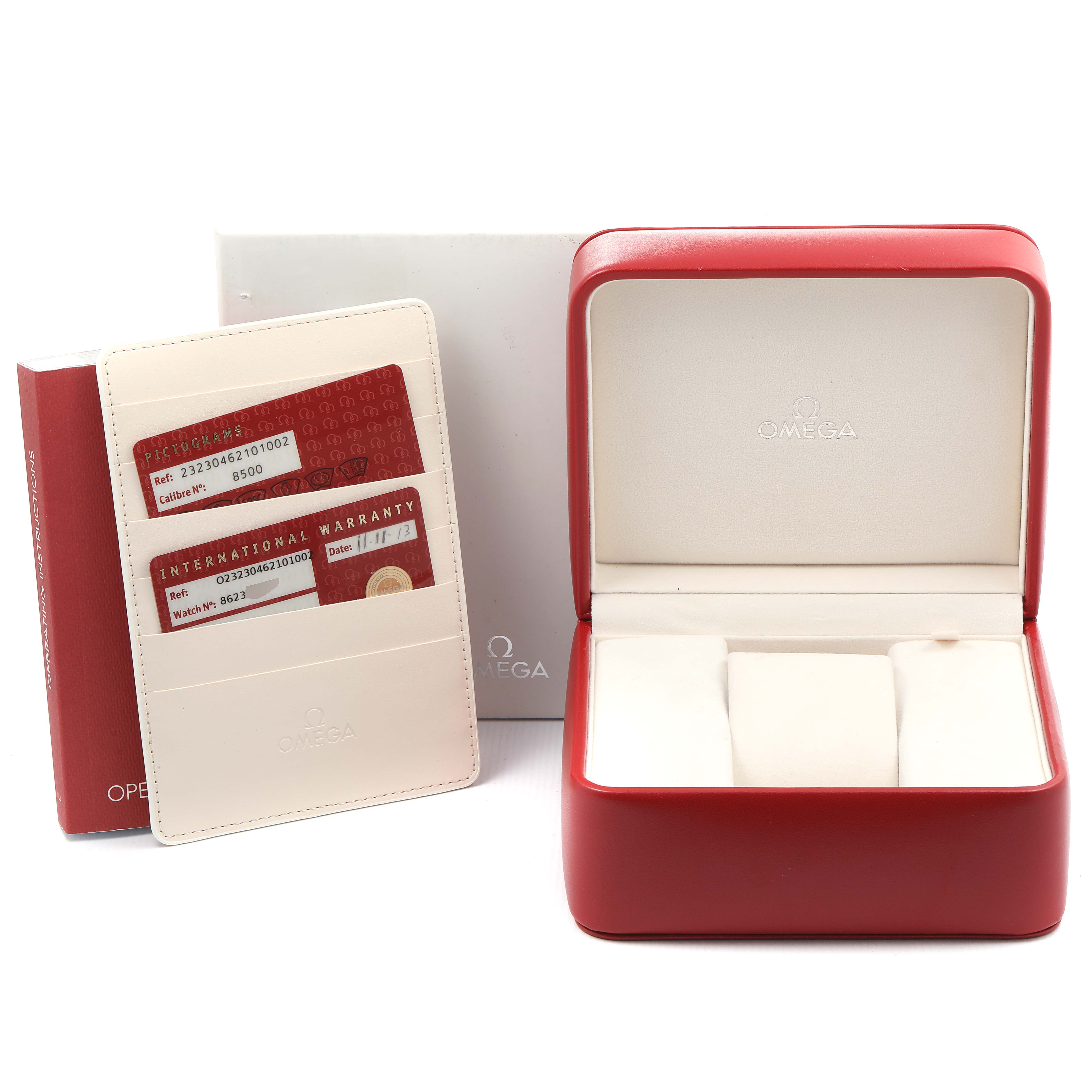 The image shows an empty Omega Planet Ocean 232.30.46.21.01.002 Men's Stainless Steel Black Dial 232.30.46.21.01.002 Men's Stainless Steel Black Dial watch box, warranty cards, and an operating instructions booklet.