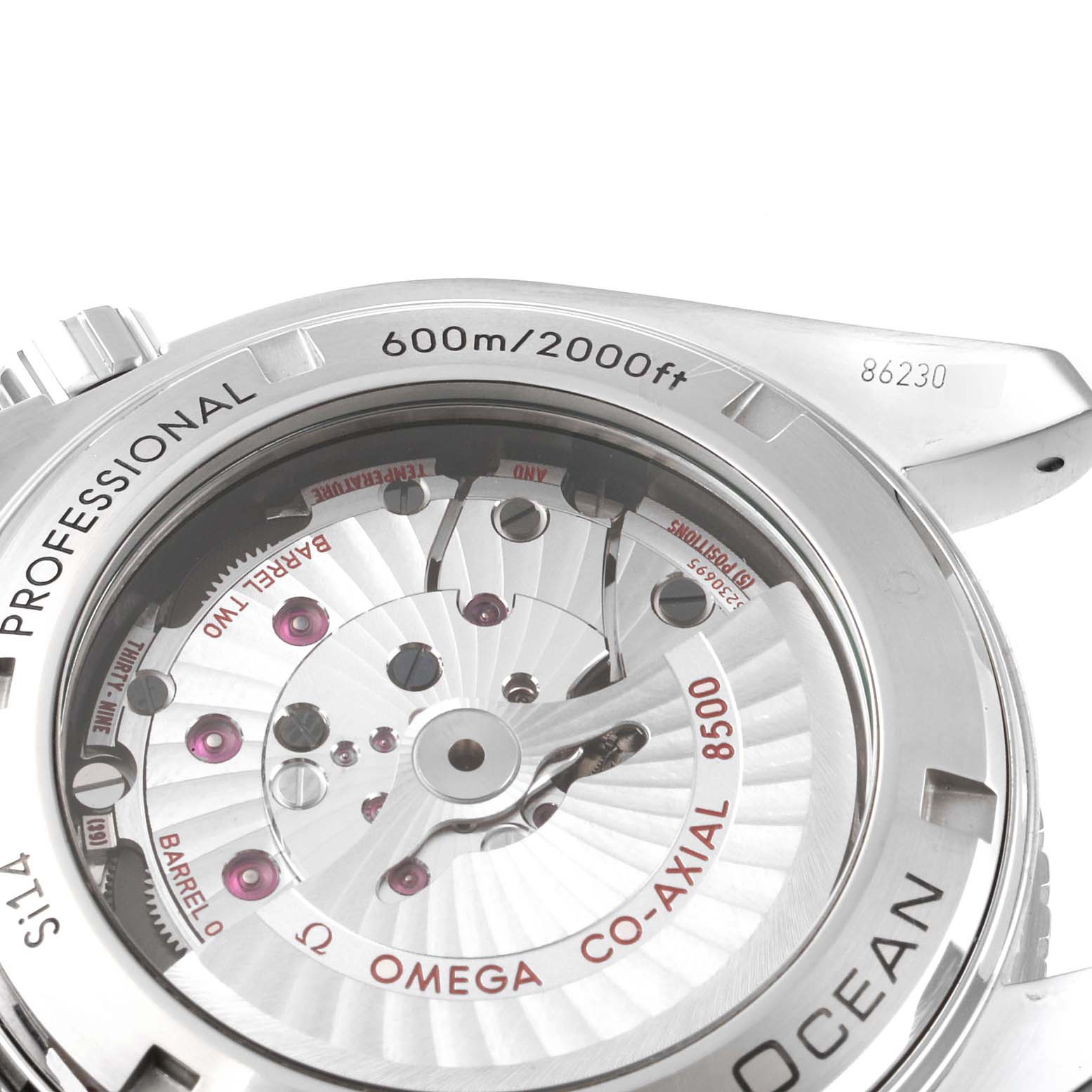 The image shows the back of the Omega Planet Ocean 232.30.46.21.01.002 Men's Stainless Steel Black Dial 232.30.46.21.01.002 Men's Stainless Steel Black Dial watch, focusing on the exposed Co-Axial 8500 movement and case back.