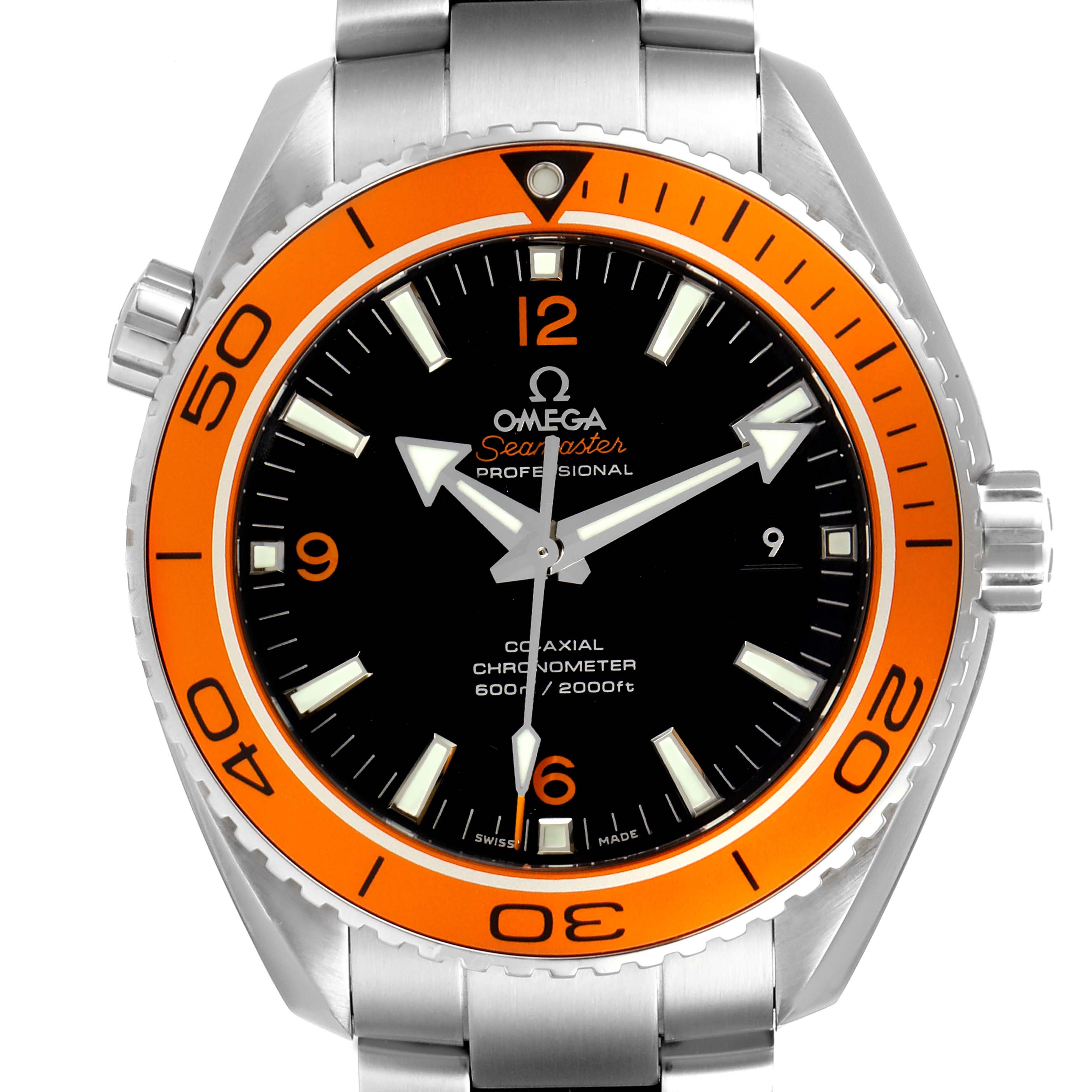 The image shows a front view of the Omega Planet Ocean 232.30.46.21.01.002 Men's Stainless Steel Black Dial 232.30.46.21.01.002 Men's Stainless Steel Black Dial watch, highlighting its orange bezel and black dial with a stainless steel bracelet.