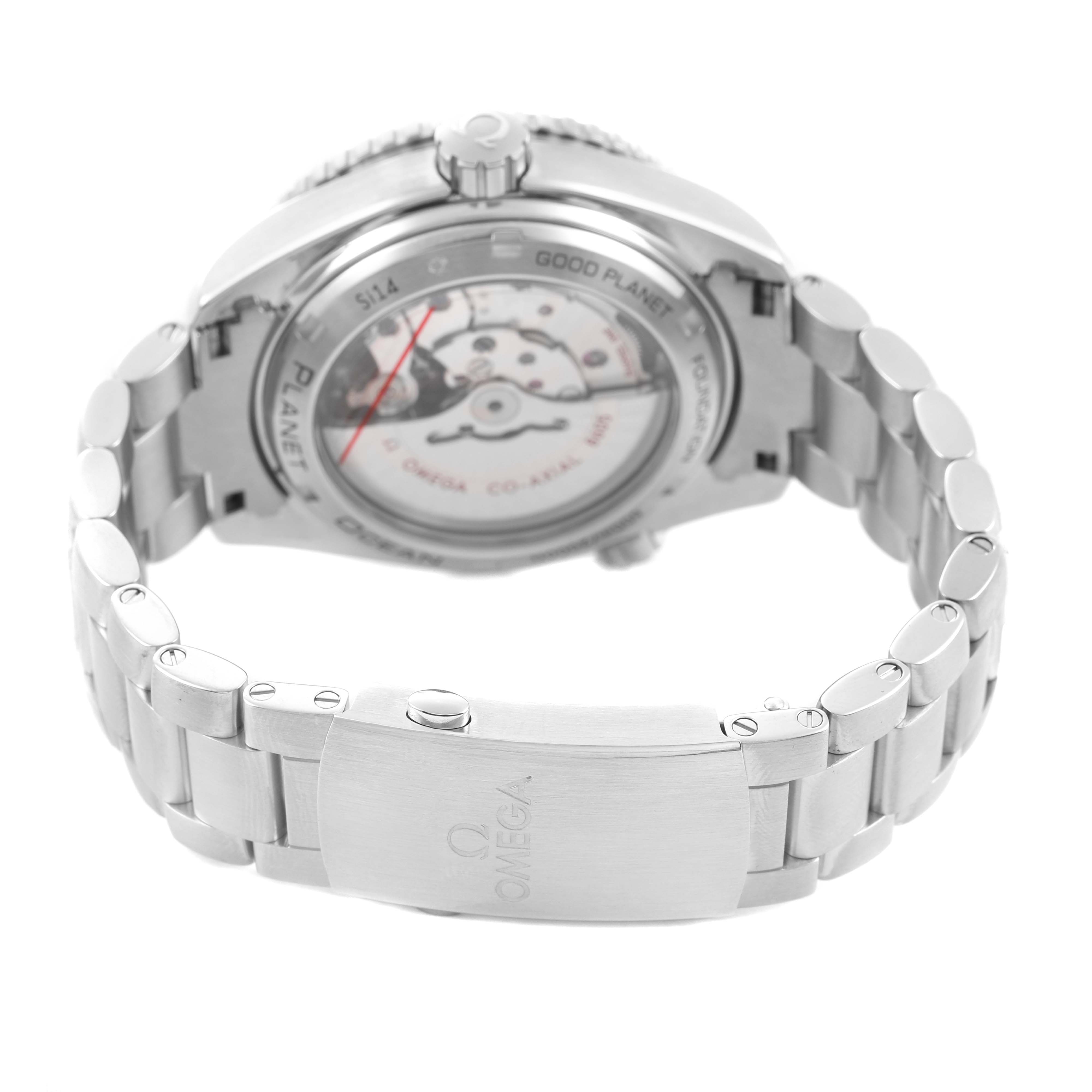 The image shows the back case and bracelet clasp of the Omega Planet Ocean 232.30.44.22.03.001 Men's Stainless Steel Blue Dial watch.