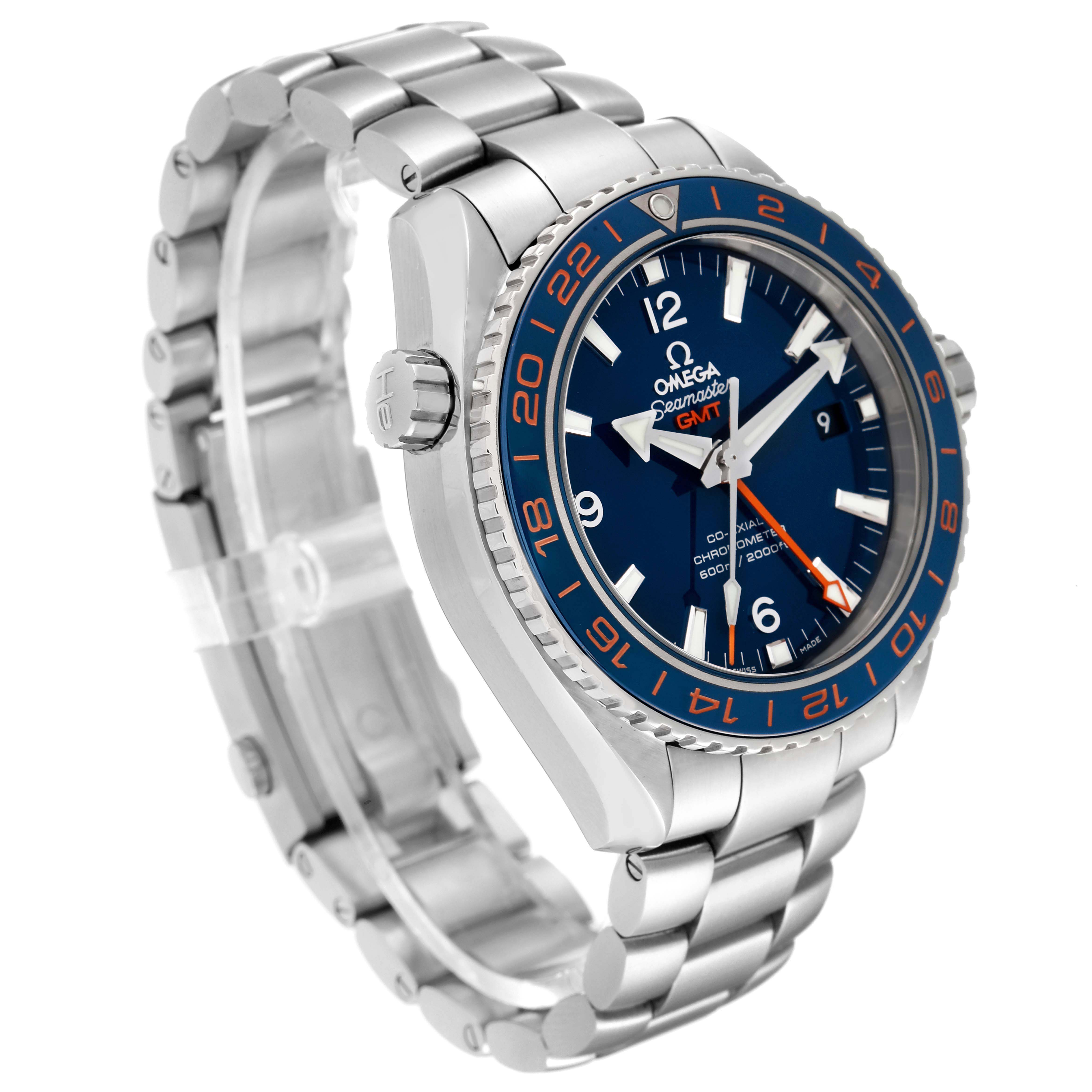 The Omega Planet Ocean 232.30.44.22.03.001 Men's Stainless Steel Blue Dial watch is shown at a three-quarter angle, highlighting the face, bezel, crown, and metal bracelet.