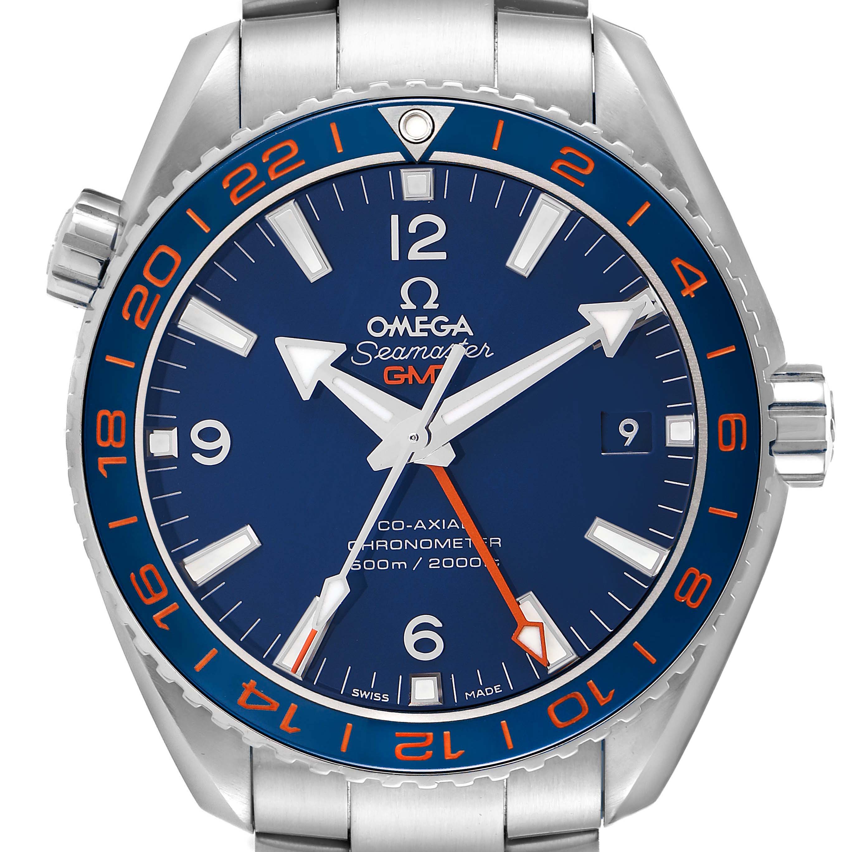 The Omega Planet Ocean 232.30.44.22.03.001 Men's Stainless Steel Blue Dial watch is shown from the front, highlighting the dial, bezel, hands, and case.