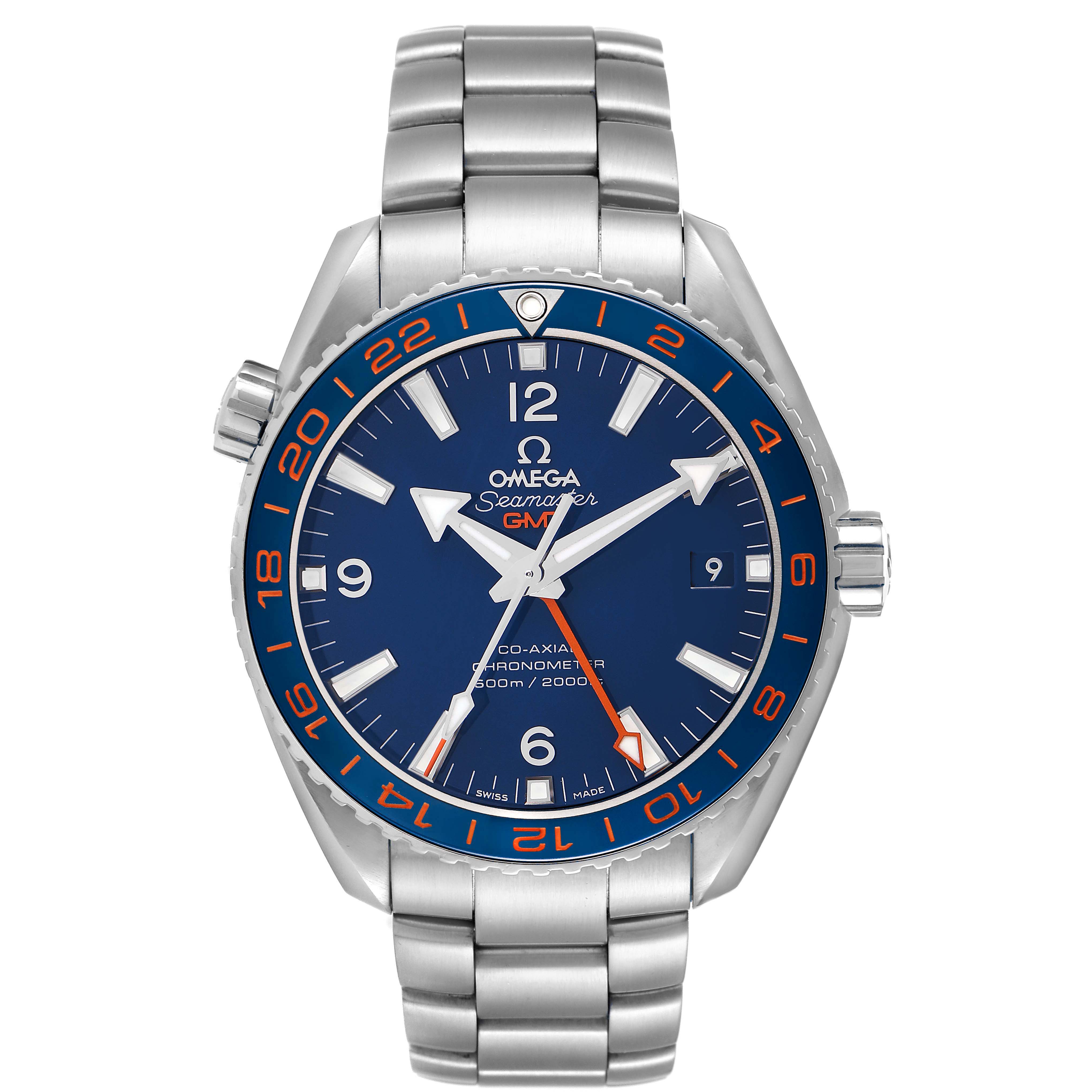 The Omega Planet Ocean 232.30.44.22.03.001 Men's Stainless Steel Blue Dial watch is shown from a front angle, highlighting its face, bezel, and bracelet.
