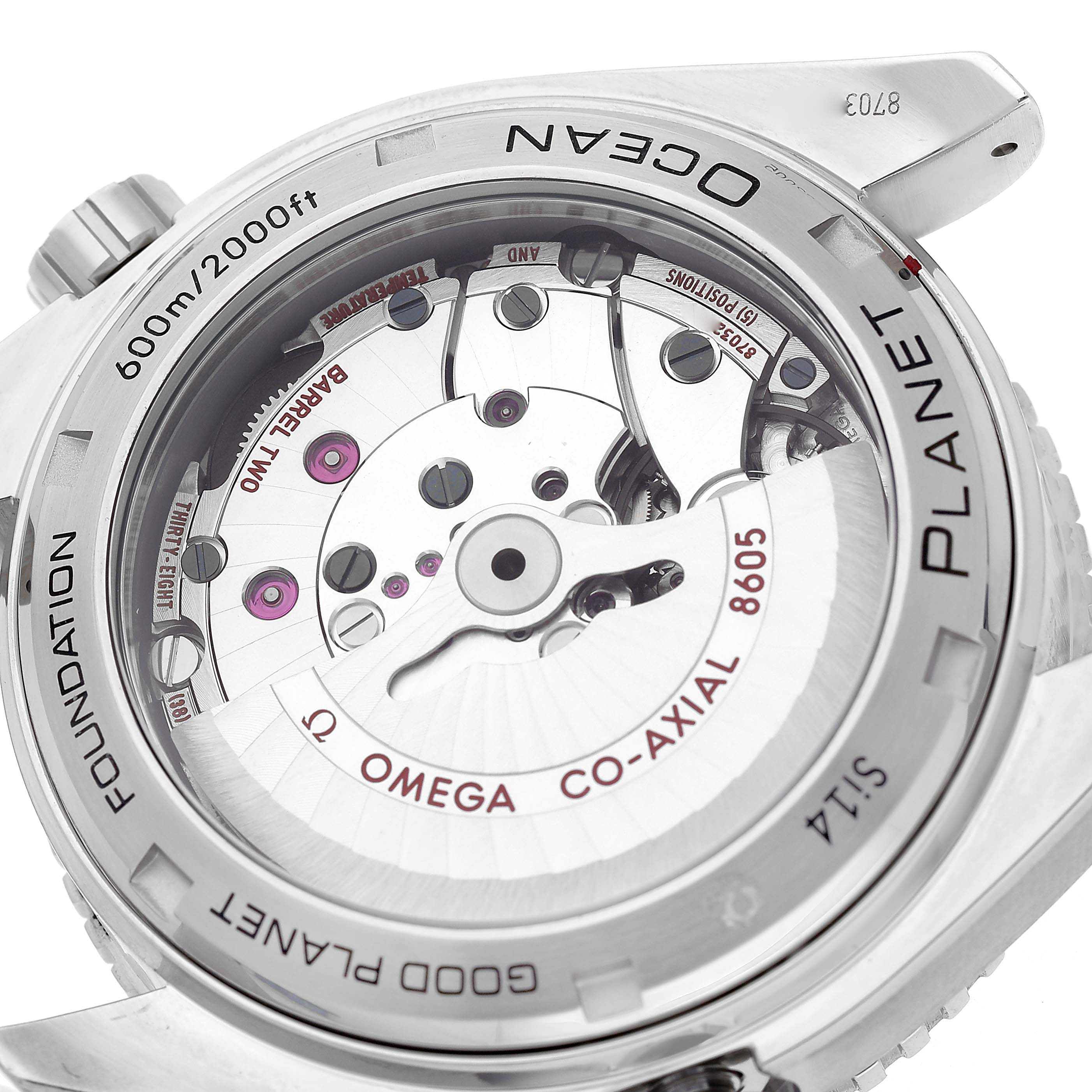 The image shows the back of the Omega Planet Ocean 232.30.44.22.03.001 Men's Stainless Steel Blue Dial watch, revealing its exposed Co-Axial movement.