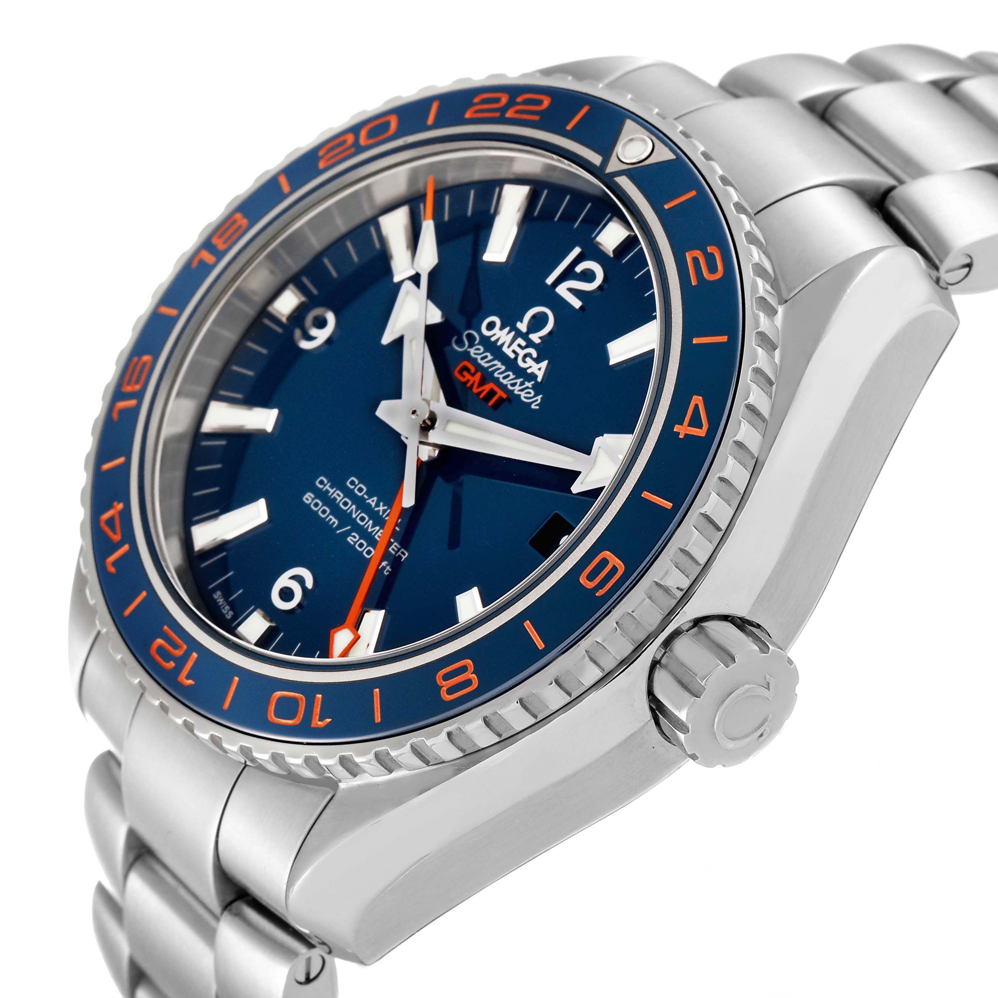 The Omega Planet Ocean 232.30.44.22.03.001 Men's Stainless Steel Blue Dial watch is shown from a three-quarter angle, highlighting the bezel, dial, crown, and bracelet.
