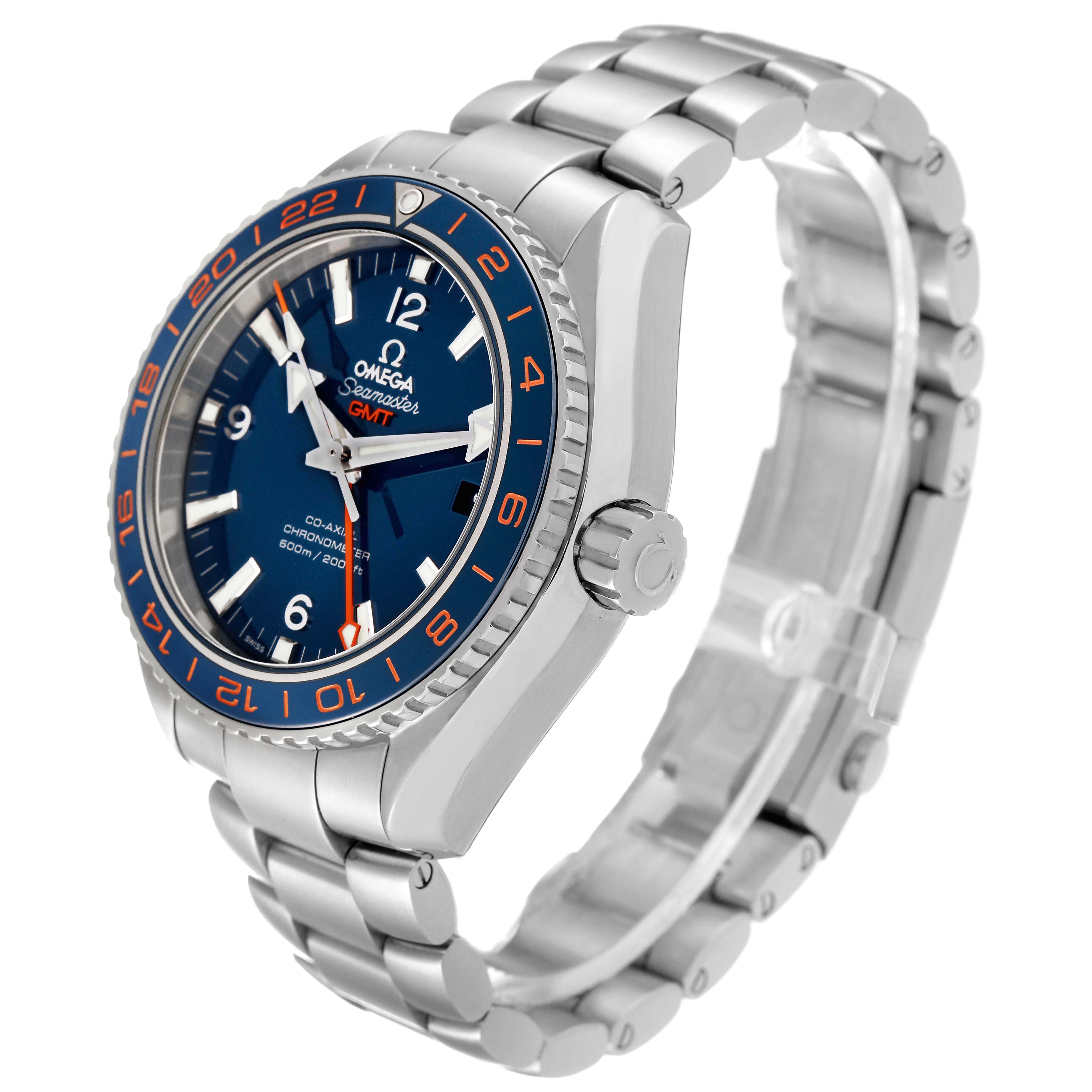 The Omega Planet Ocean 232.30.44.22.03.001 Men's Stainless Steel Blue Dial watch is shown at a three-quarter angle, highlighting the bracelet, crown, bezel, and dial.
