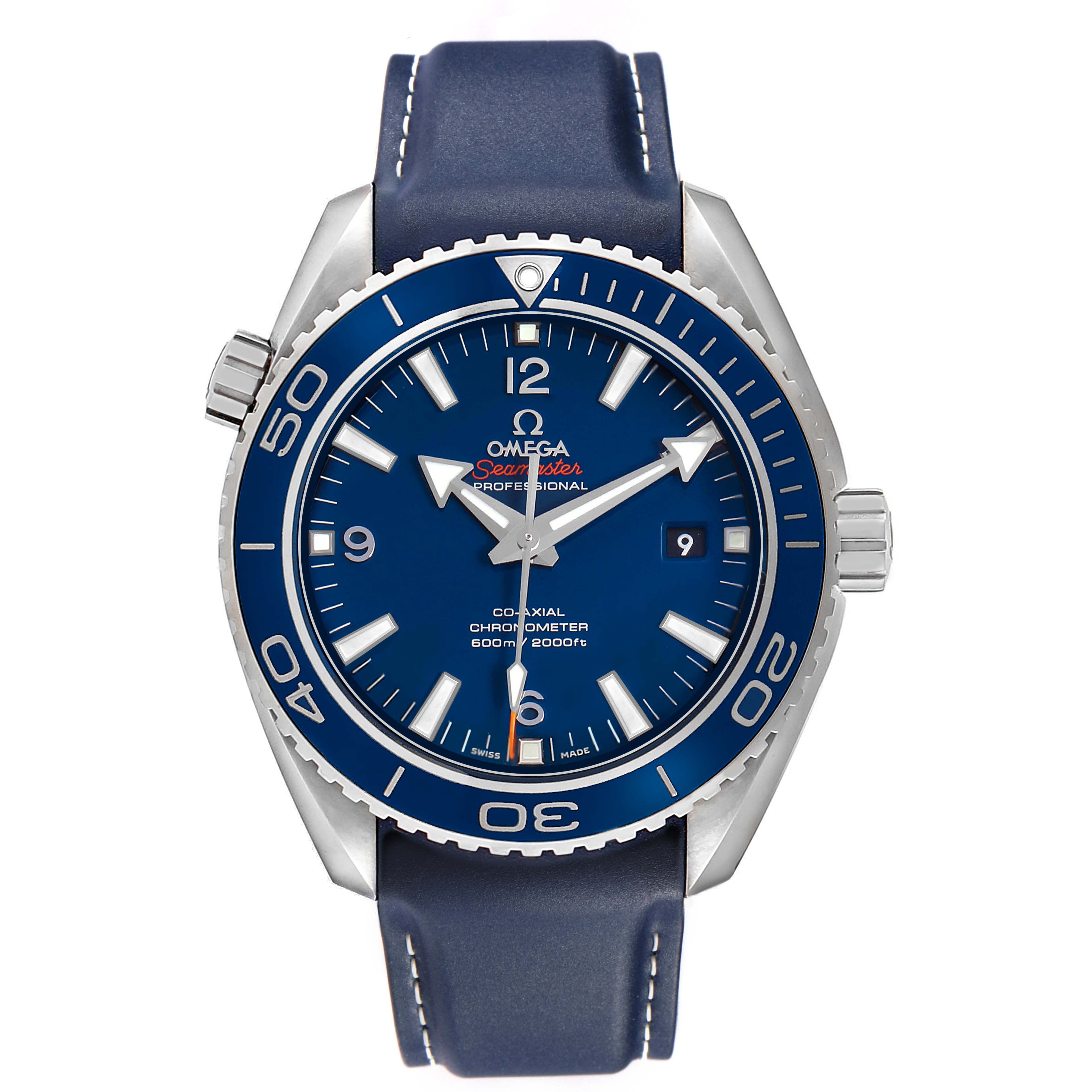 The Omega Seamaster 232.92.46.21.03.001 Men's Titanium Blue Dial watch is shown from the front, displaying the dial, hands, bezel, crown, and strap.