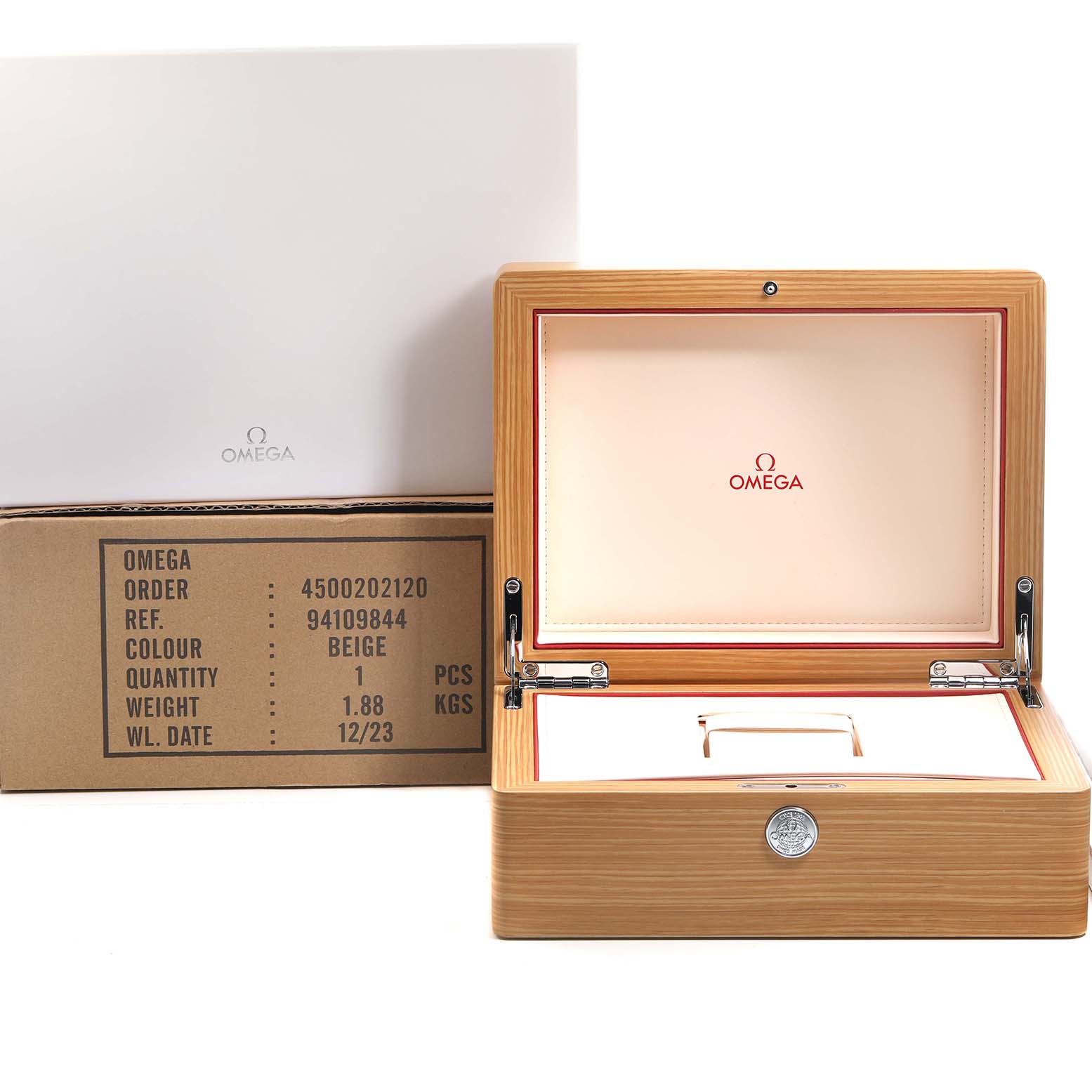 The image shows an open wooden Omega Seamaster 232.92.46.21.03.001 Men's Titanium Blue Dial watch box from the front, with its branded interior and packaging visible.