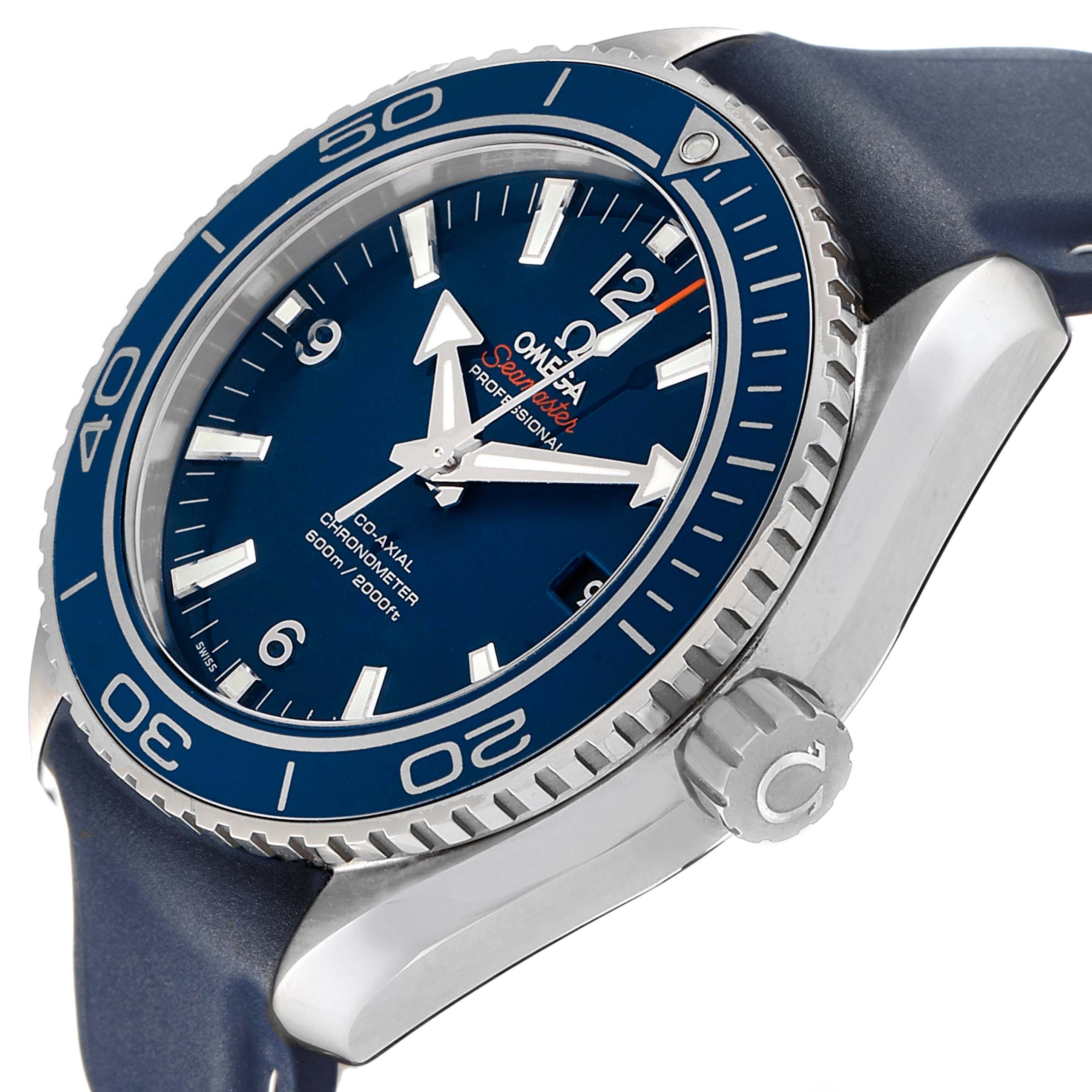 The Omega Seamaster 232.92.46.21.03.001 Men's Titanium Blue Dial is shown at a 3/4 angle, highlighting the blue dial, bezel, crown, and part of the strap.