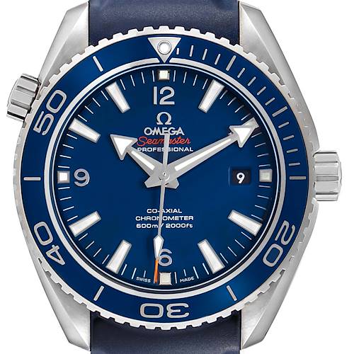 The Omega Seamaster 232.92.46.21.03.001 Men's Titanium Blue Dial watch is shown from a front view, highlighting the dial, bezel, and crown.