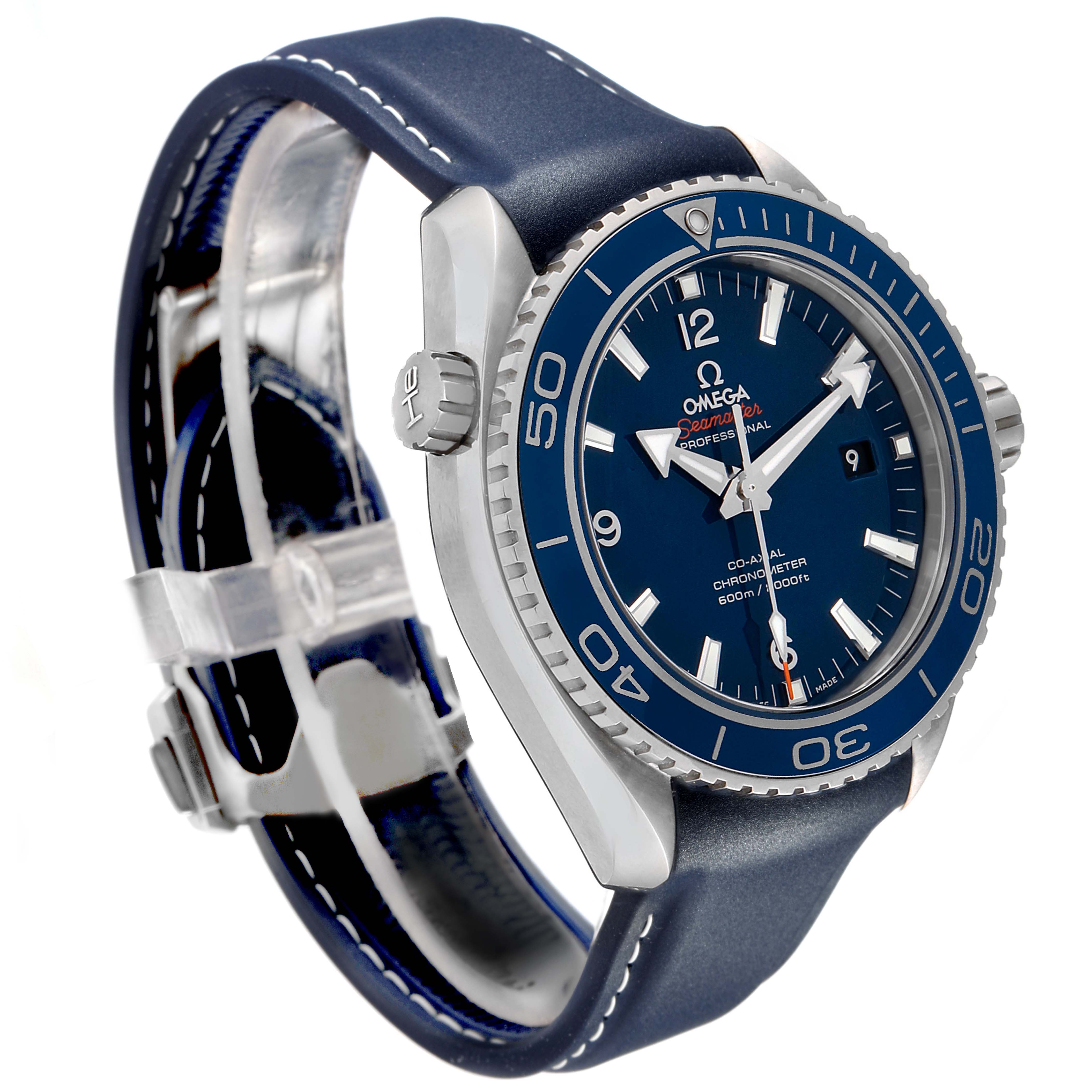 The Omega Seamaster 232.92.46.21.03.001 Men's Titanium Blue Dial watch is shown at a three-quarter angle, highlighting the bezel, dial, crown, and leather strap.