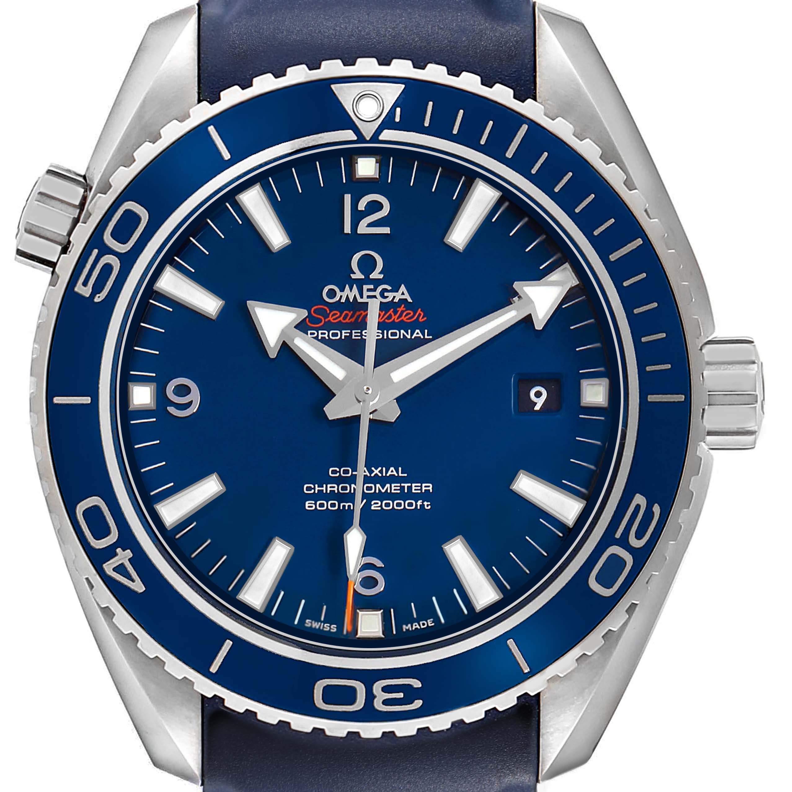 The Omega Seamaster 232.92.46.21.03.001 Men's Titanium Blue Dial watch is shown from the front, highlighting the blue dial, bezel, and date window at three o'clock.