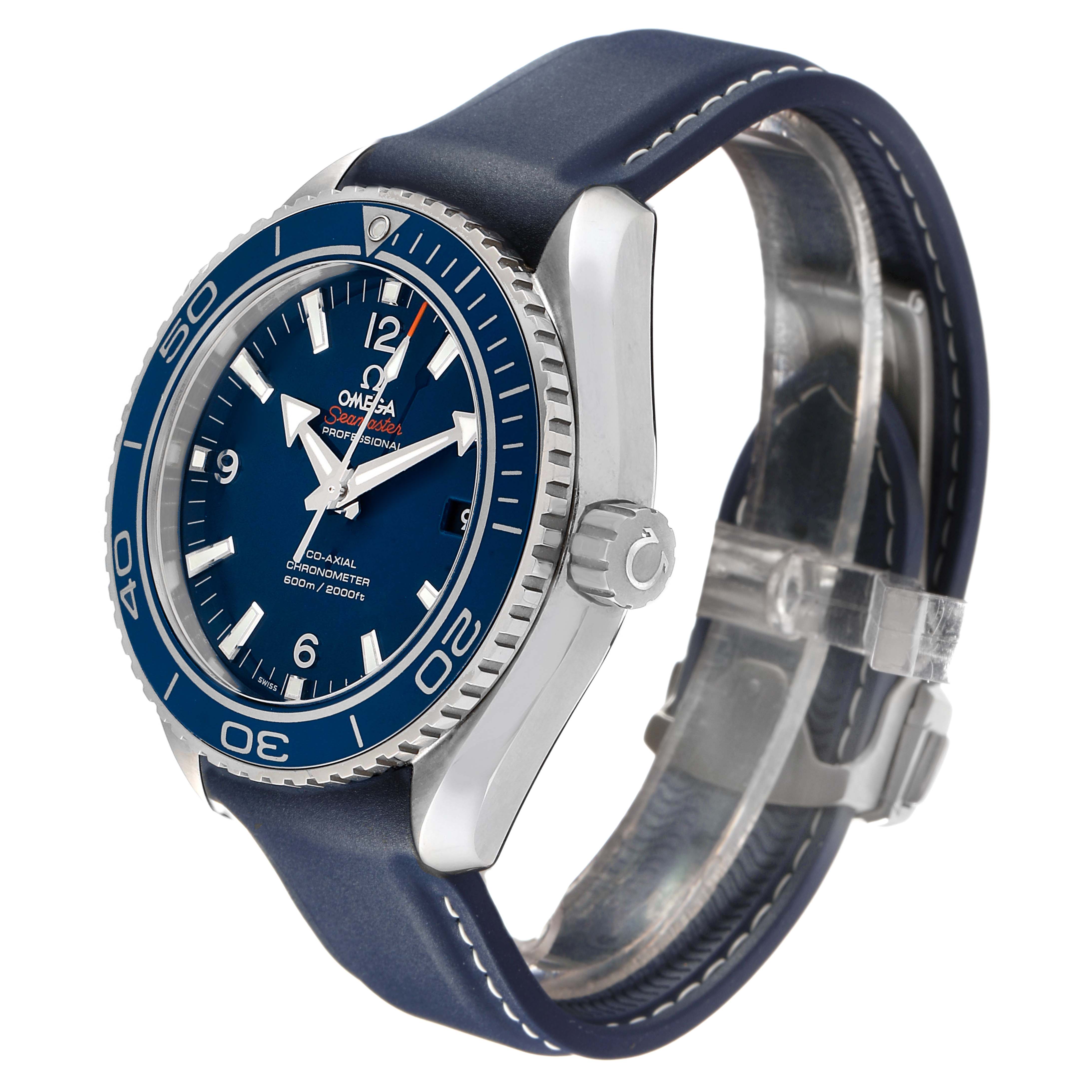 The Omega Seamaster 232.92.46.21.03.001 Men's Titanium Blue Dial watch is shown at a three-quarter angle, highlighting the dial, bezel, crown, and strap.