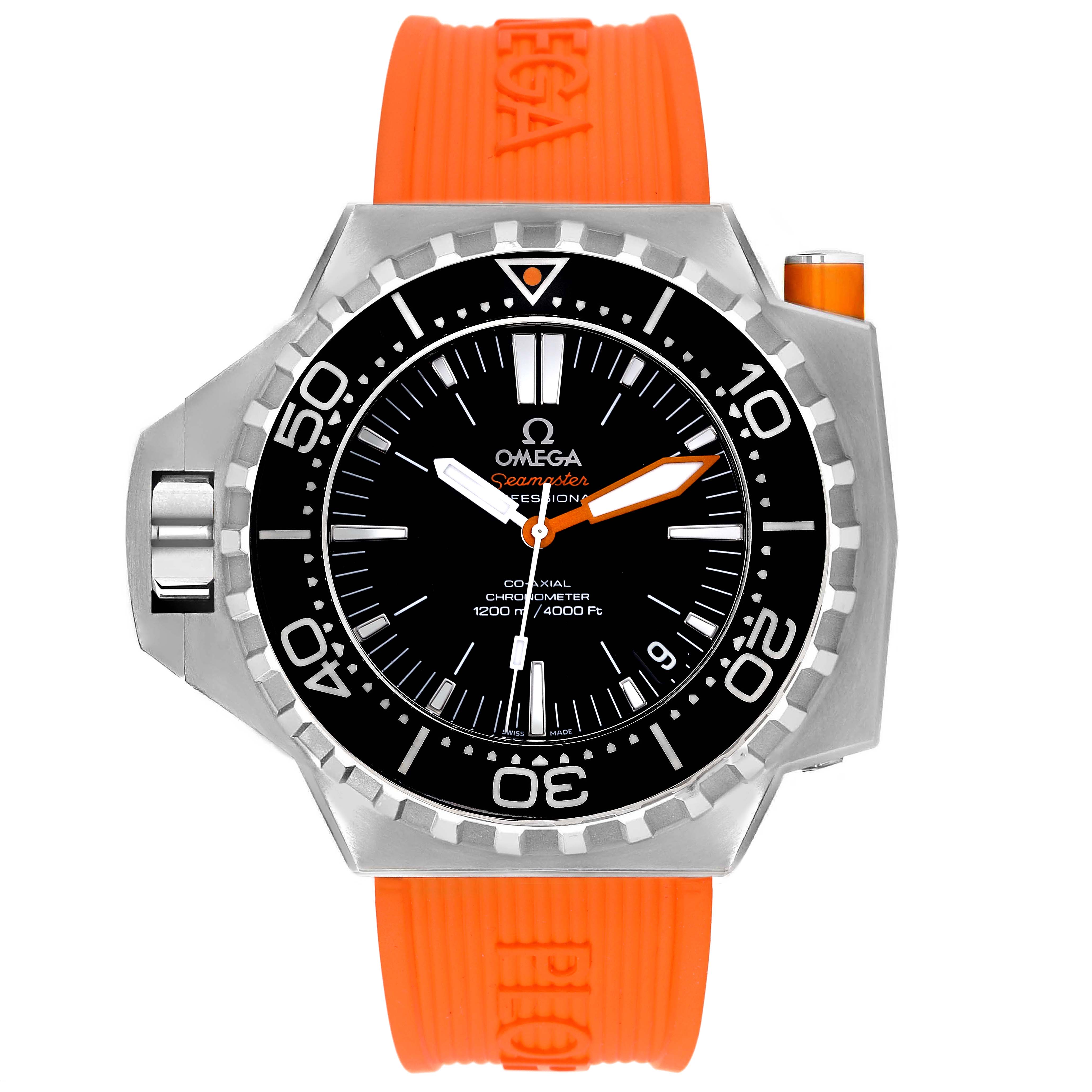 The Omega Ploprof 224.32.55.21.01.002 Men's Stainless Steel Black Dial 224.32.55.21.01.002 Men's Stainless Steel Black Dial model watch is shown from the front, displaying the dial, bezel, and orange rubber strap.