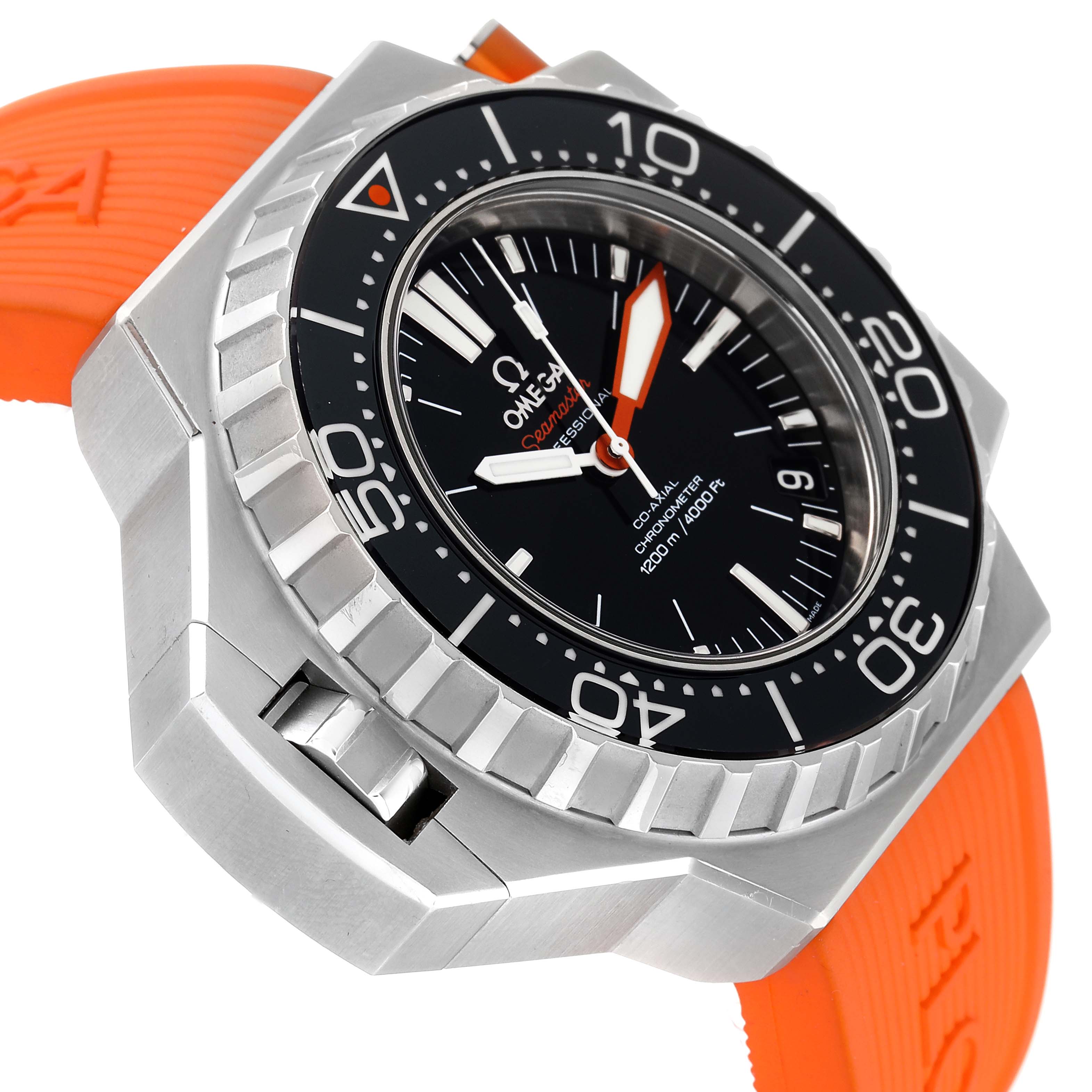 The image shows an angled close-up of the Omega Ploprof 224.32.55.21.01.002 Men's Stainless Steel Black Dial 224.32.55.21.01.002 Men's Stainless Steel Black Dial watch, highlighting its bezel, dial, and orange strap.