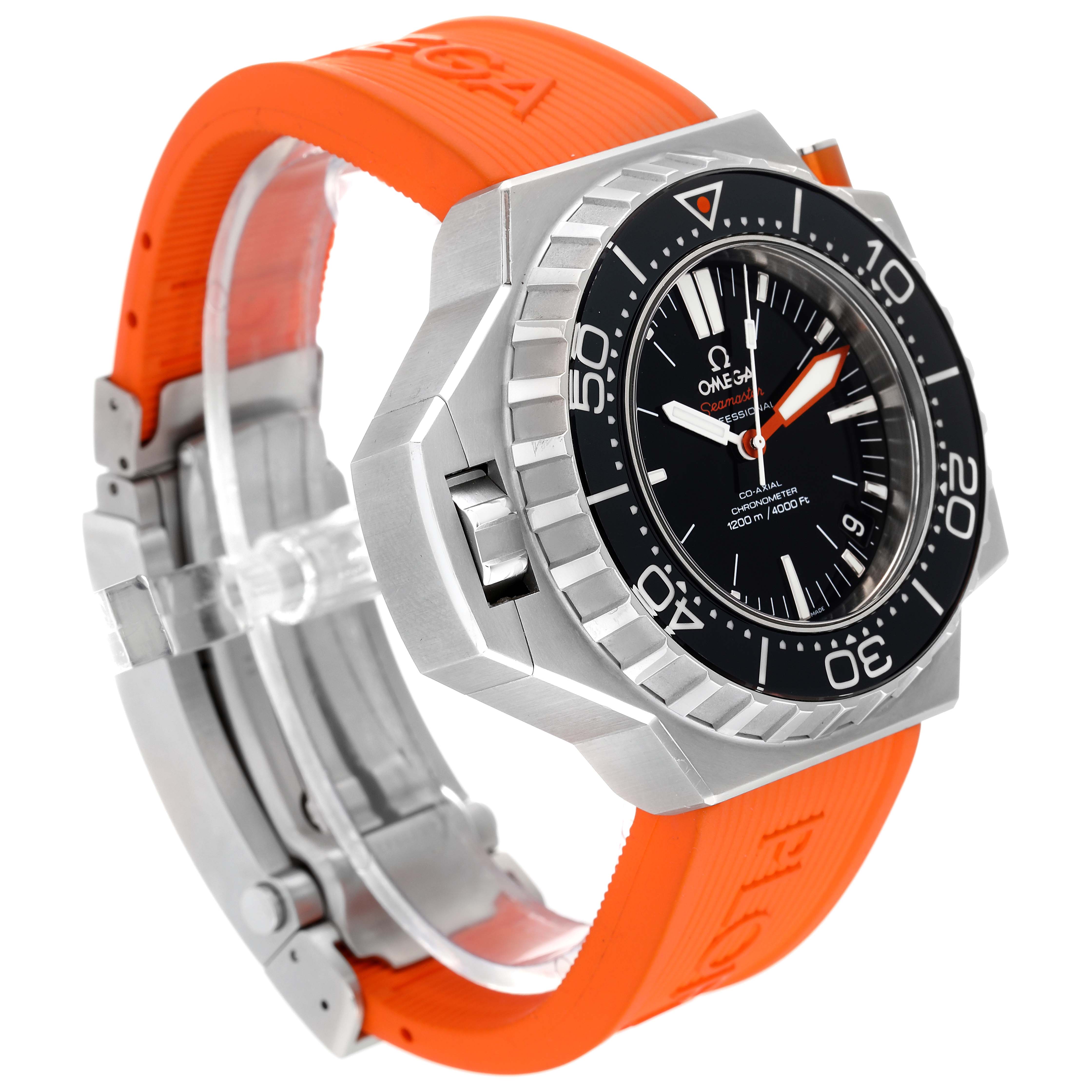 The image shows an Omega Ploprof 224.32.55.21.01.002 Men's Stainless Steel Black Dial 224.32.55.21.01.002 Men's Stainless Steel Black Dial watch at an angled view, highlighting the dial, bezel, and orange strap.