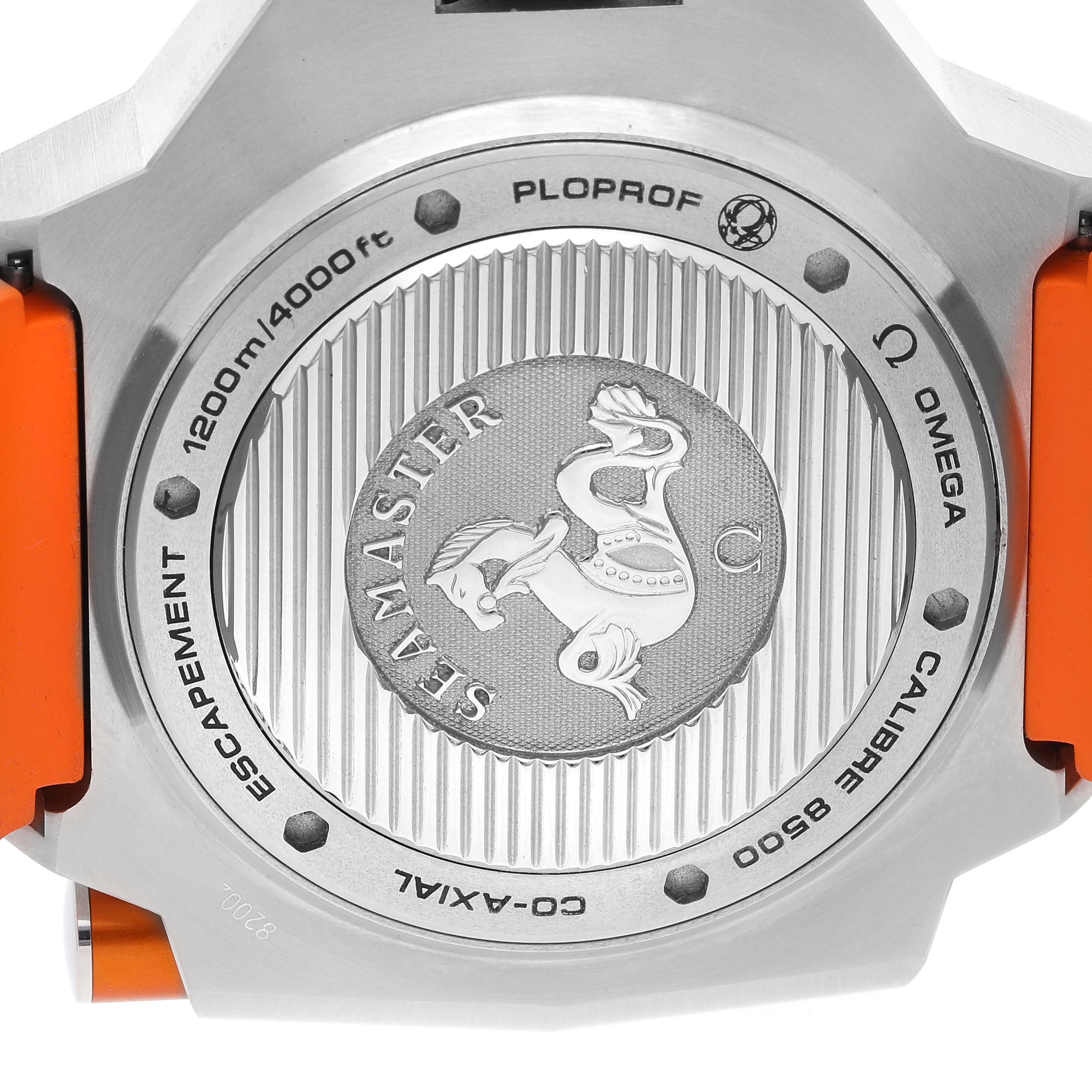 This image shows the back case of the Omega Ploprof 224.32.55.21.01.002 Men's Stainless Steel Black Dial 224.32.55.21.01.002 Men's Stainless Steel Black Dial watch with an orange strap.