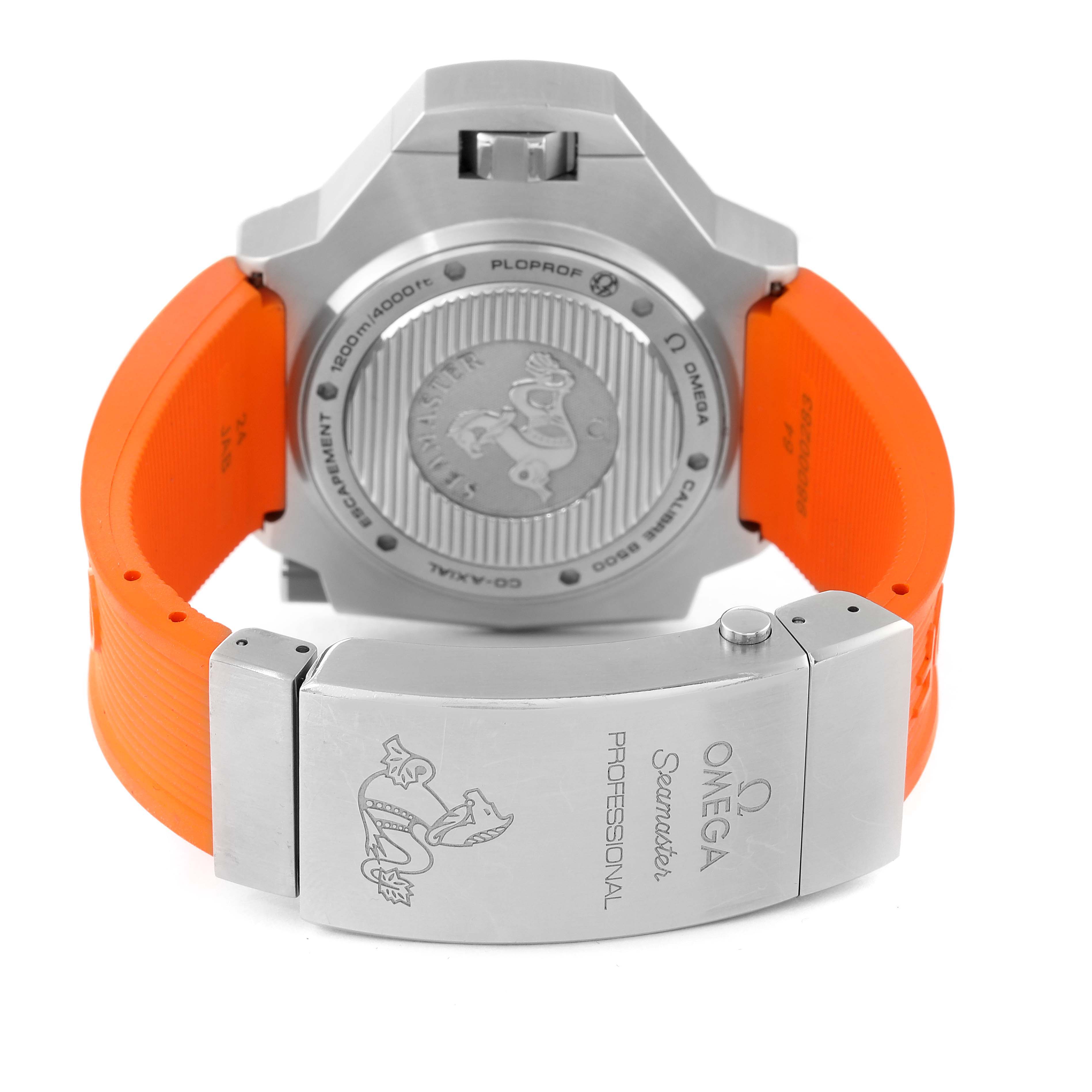 The image shows the back case, clasp, and orange strap of an Omega Ploprof 224.32.55.21.01.002 Men's Stainless Steel Black Dial 224.32.55.21.01.002 Men's Stainless Steel Black Dial watch.