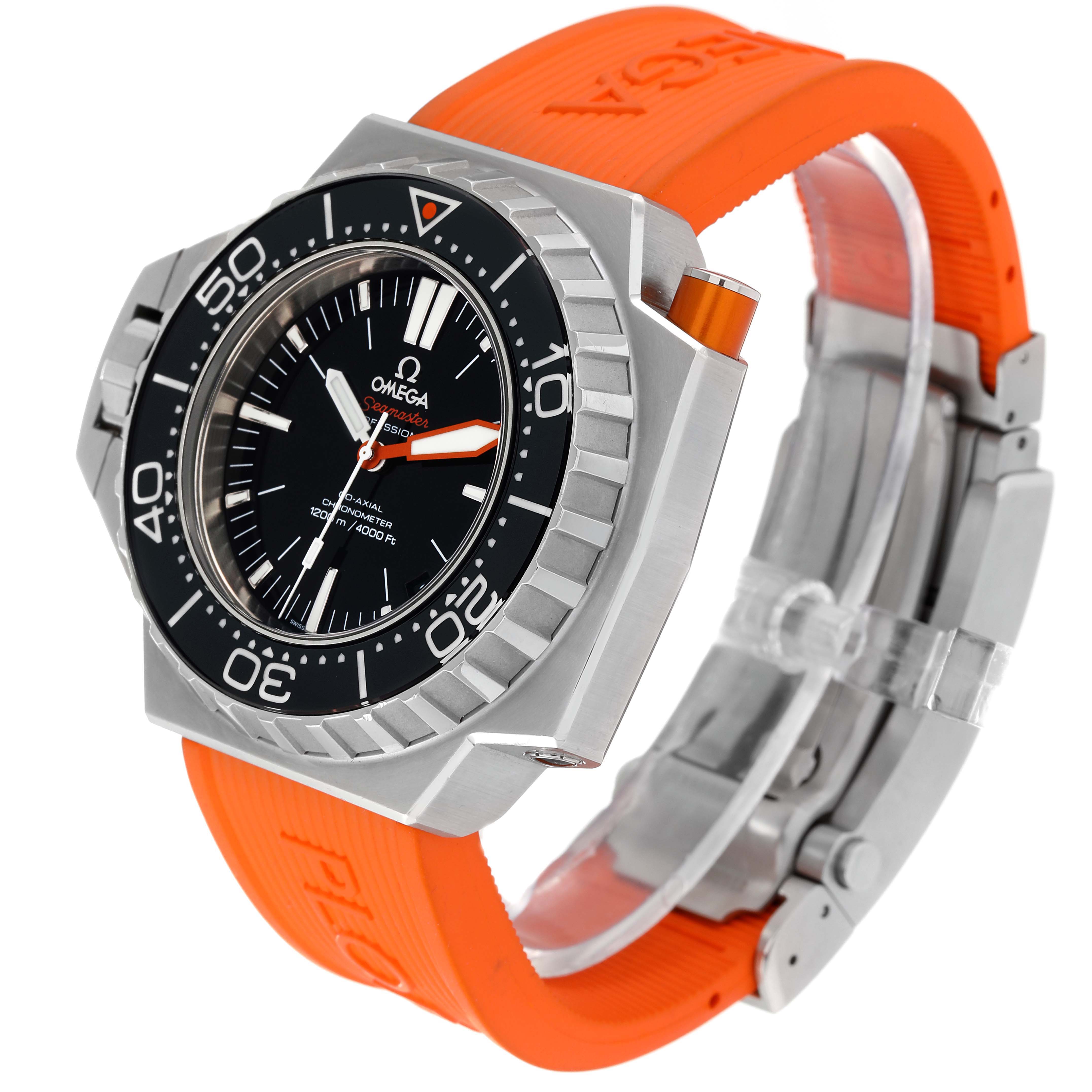 The image shows an angled view of the Omega Ploprof 224.32.55.21.01.002 Men's Stainless Steel Black Dial 224.32.55.21.01.002 Men's Stainless Steel Black Dial watch, highlighting the black dial, orange strap, and silver bezel.