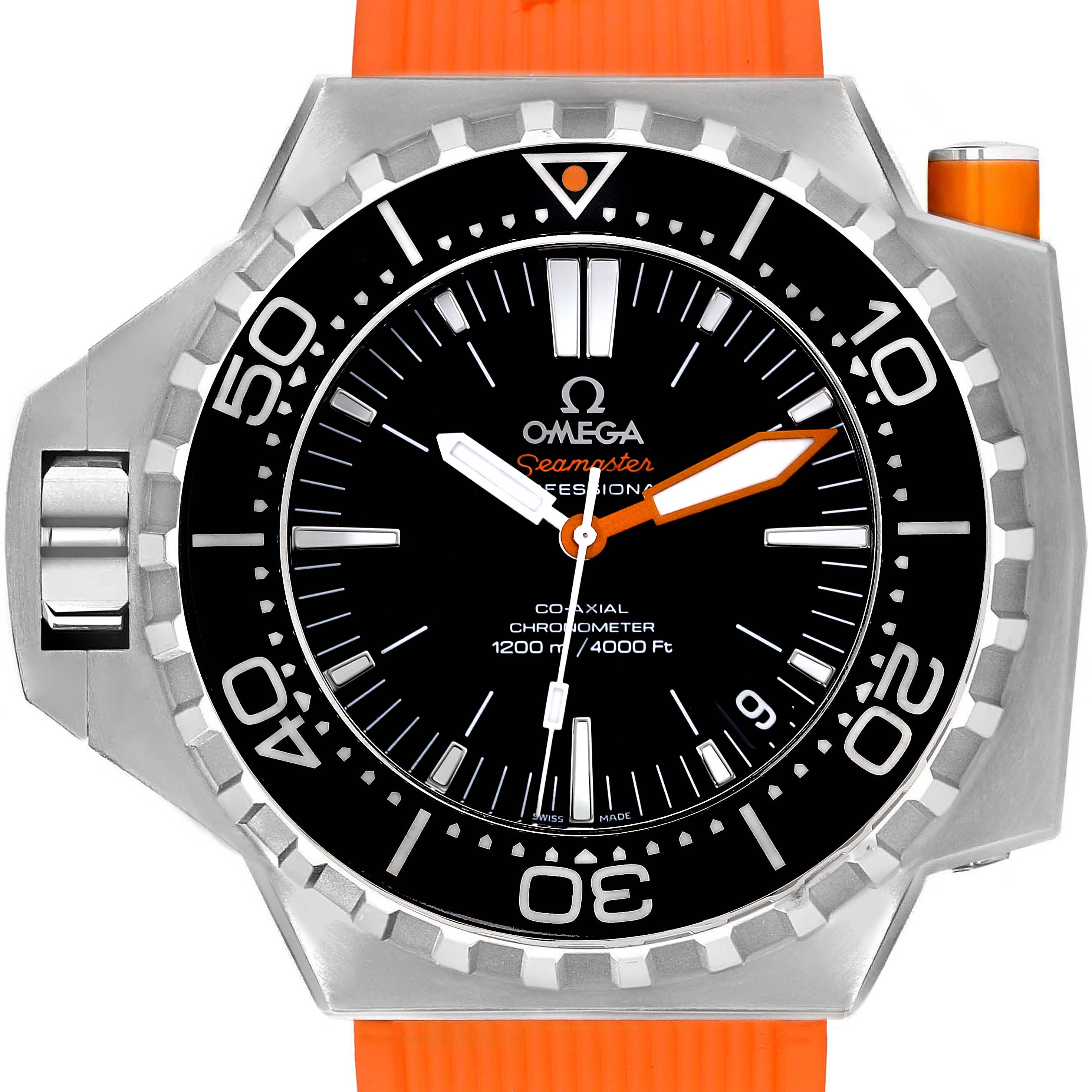 The image shows a front view of the Omega Seamaster Ploprof watch, featuring its bezel, dial, hands, and part of its orange strap.
