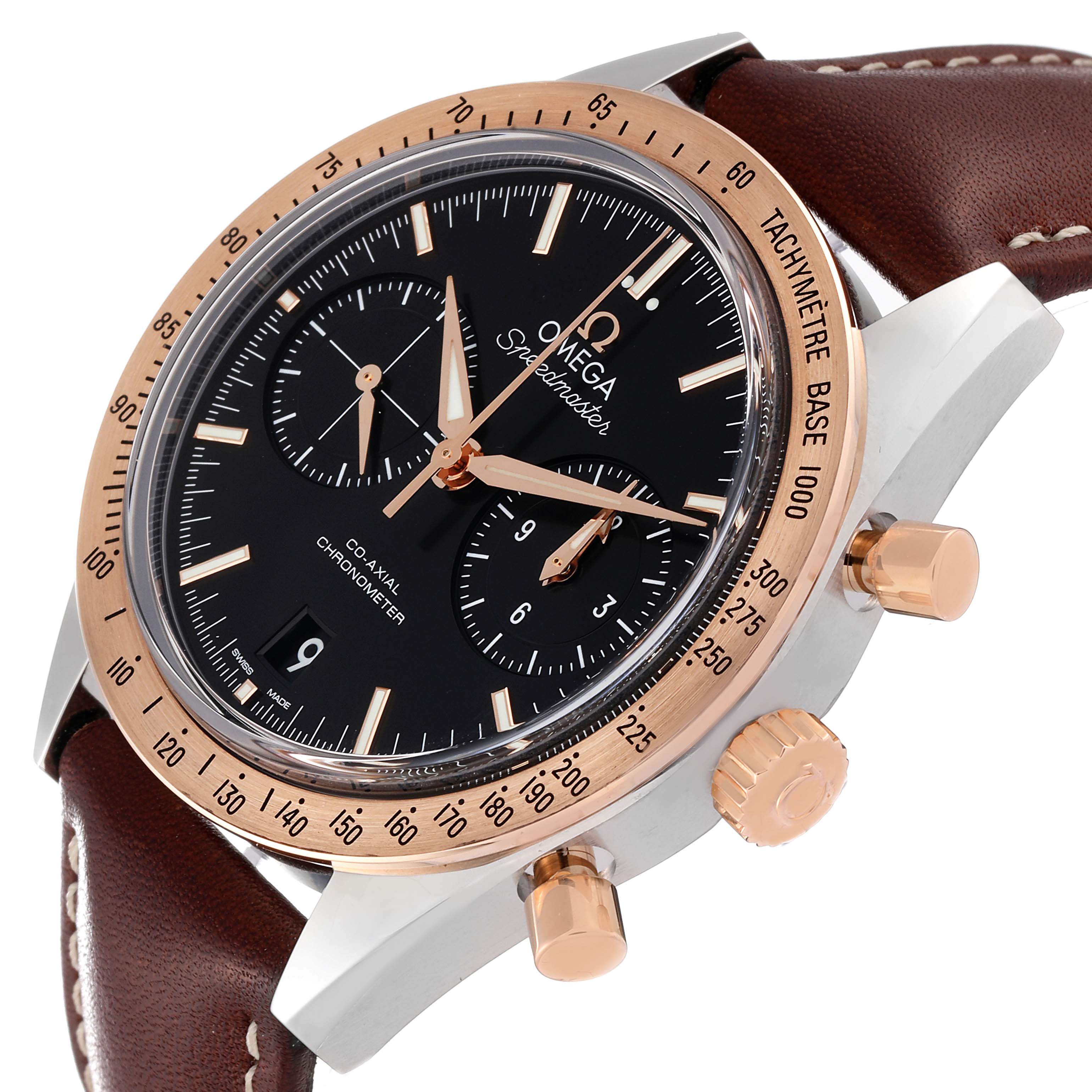 This image shows an Omega Speedmaster 331.22.42.51.01.001 Men's Stainless Steel Black Dial 331.22.42.51.01.001 Men's Stainless Steel Black Dial watch from an angled side view highlighting its dial, bezel, crown, and pushers.