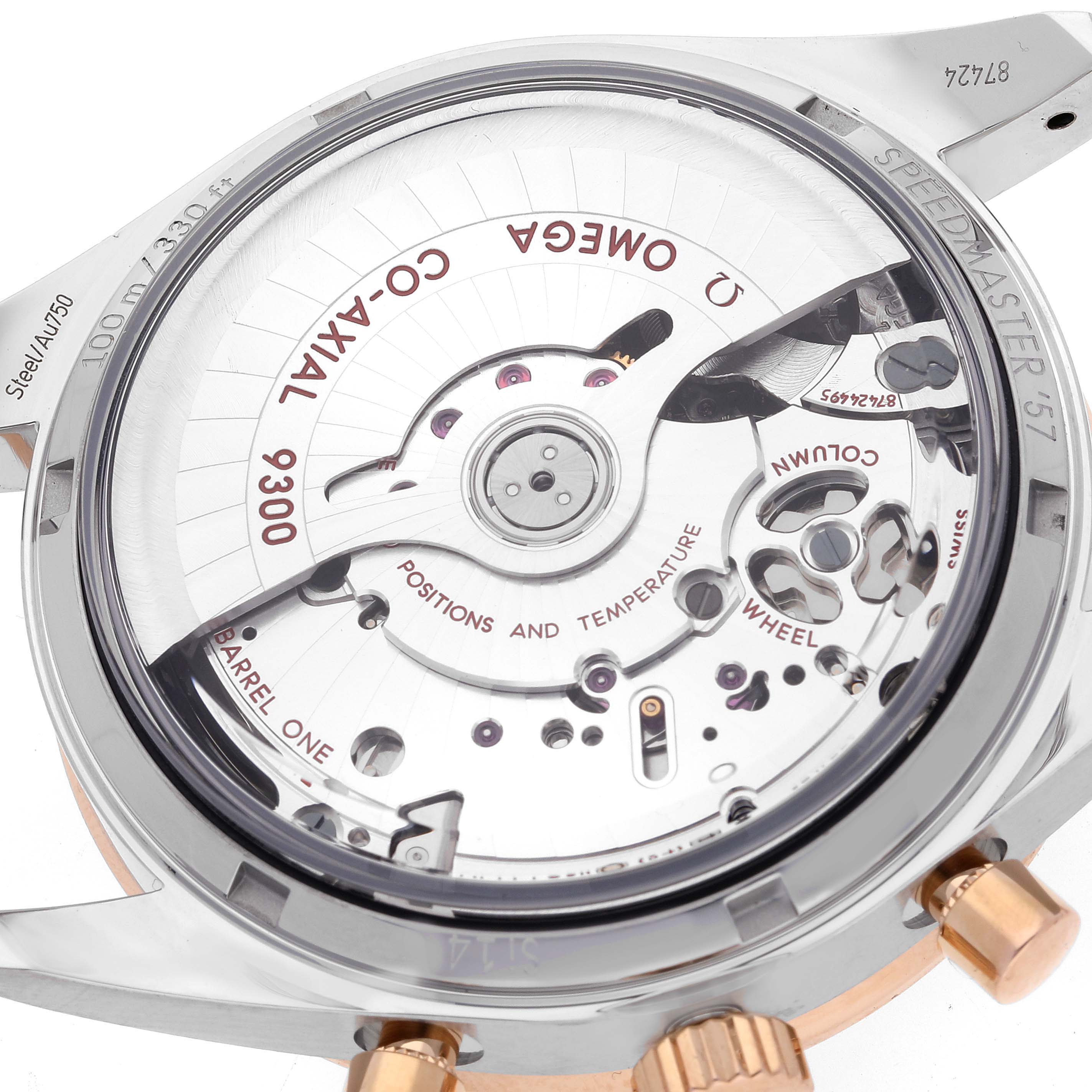 The image shows the back view of the Omega Speedmaster 331.22.42.51.01.001 Men's Stainless Steel Black Dial 331.22.42.51.01.001 Men's Stainless Steel Black Dial 57 watch, displaying its internal mechanism through the sapphire case back.