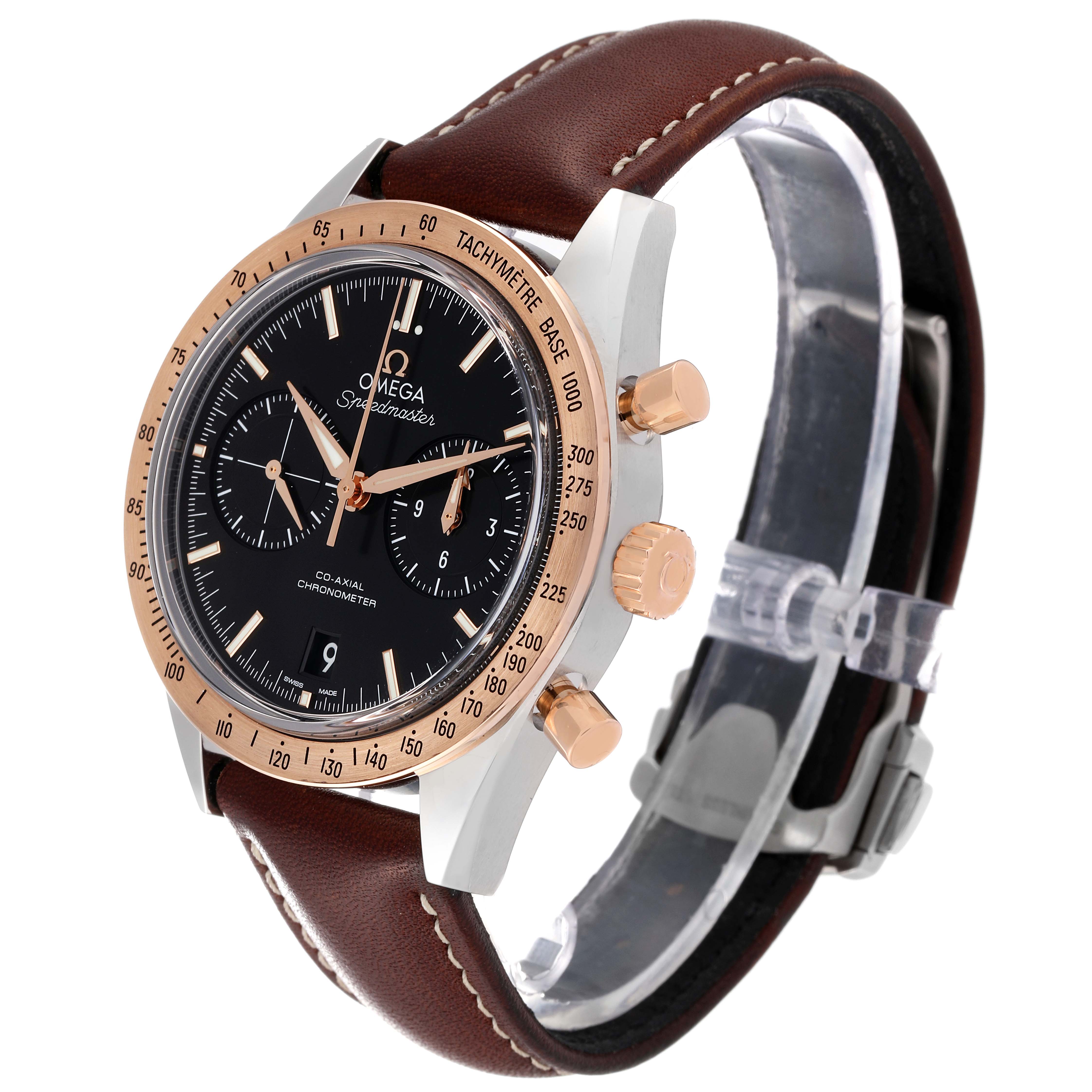 The Omega Speedmaster 331.22.42.51.01.001 Men's Stainless Steel Black Dial 331.22.42.51.01.001 Men's Stainless Steel Black Dial watch is shown at a three-quarter angle, highlighting its dial, bezel, crown, pushers, and leather strap.