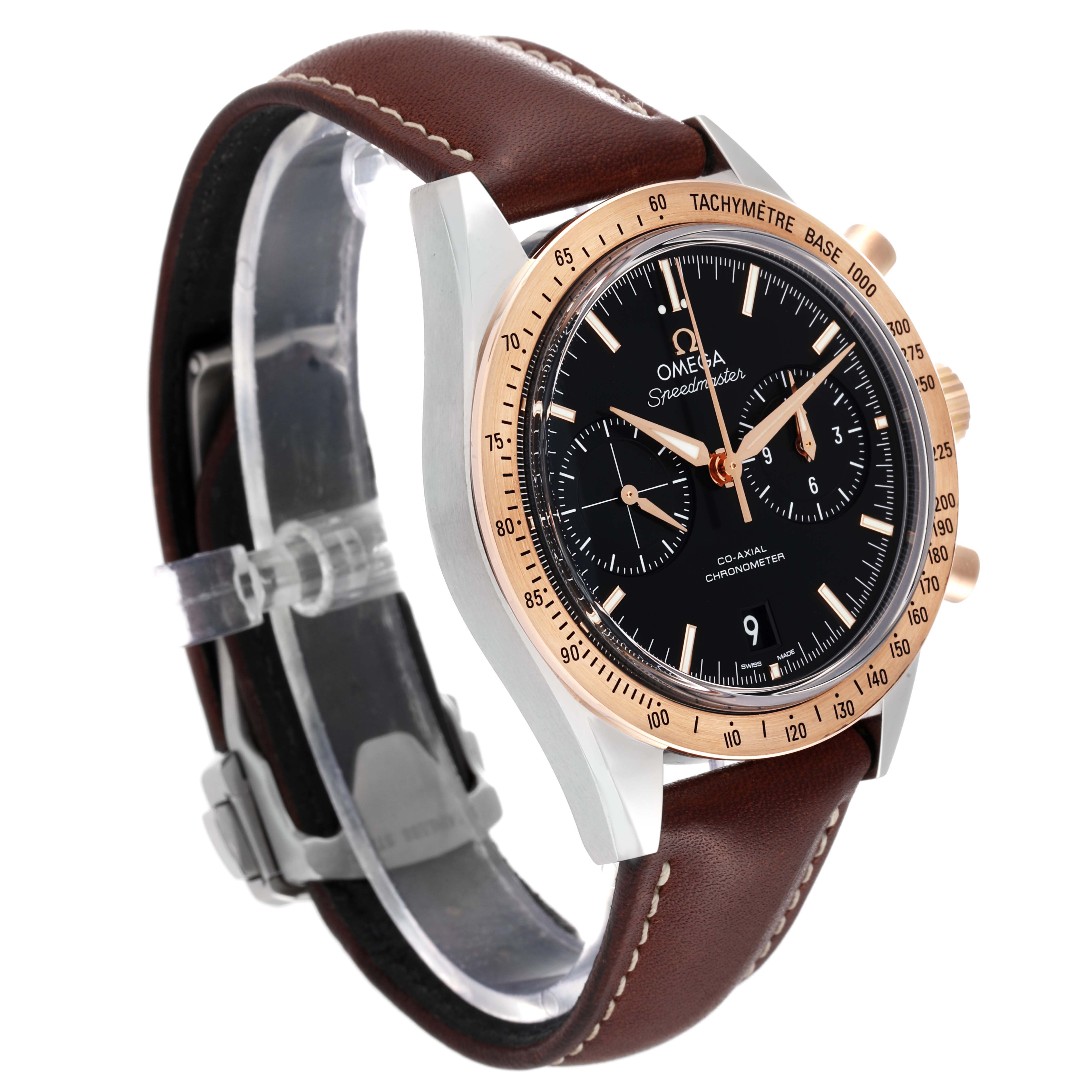 Side view of the Omega Speedmaster 331.22.42.51.01.001 Men's Stainless Steel Black Dial 331.22.42.51.01.001 Men's Stainless Steel Black Dial watch showing the face, bezel, crown, and brown leather strap.