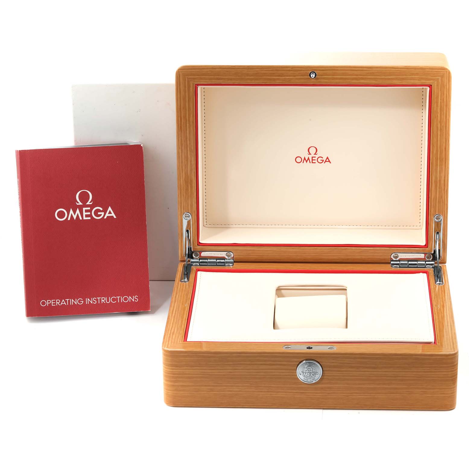 The image shows an open Omega Speedmaster 331.22.42.51.01.001 Men's Stainless Steel Black Dial 331.22.42.51.01.001 Men's Stainless Steel Black Dial watch case and a red operating instructions booklet.