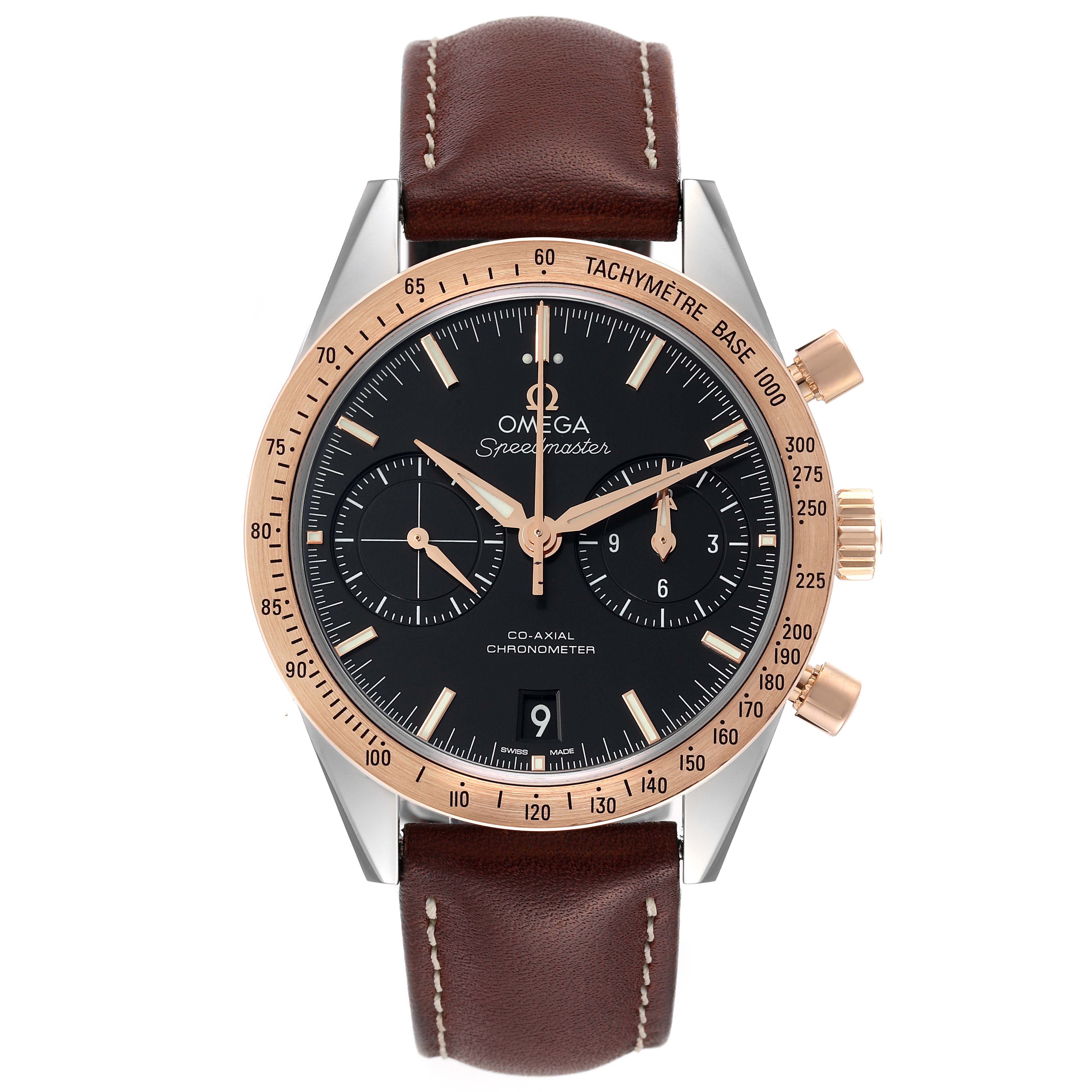 The Omega Speedmaster 331.22.42.51.01.001 Men's Stainless Steel Black Dial 331.22.42.51.01.001 Men's Stainless Steel Black Dial watch is shown from the front, displaying its dial, bezel, crown, pushers, and leather strap.
