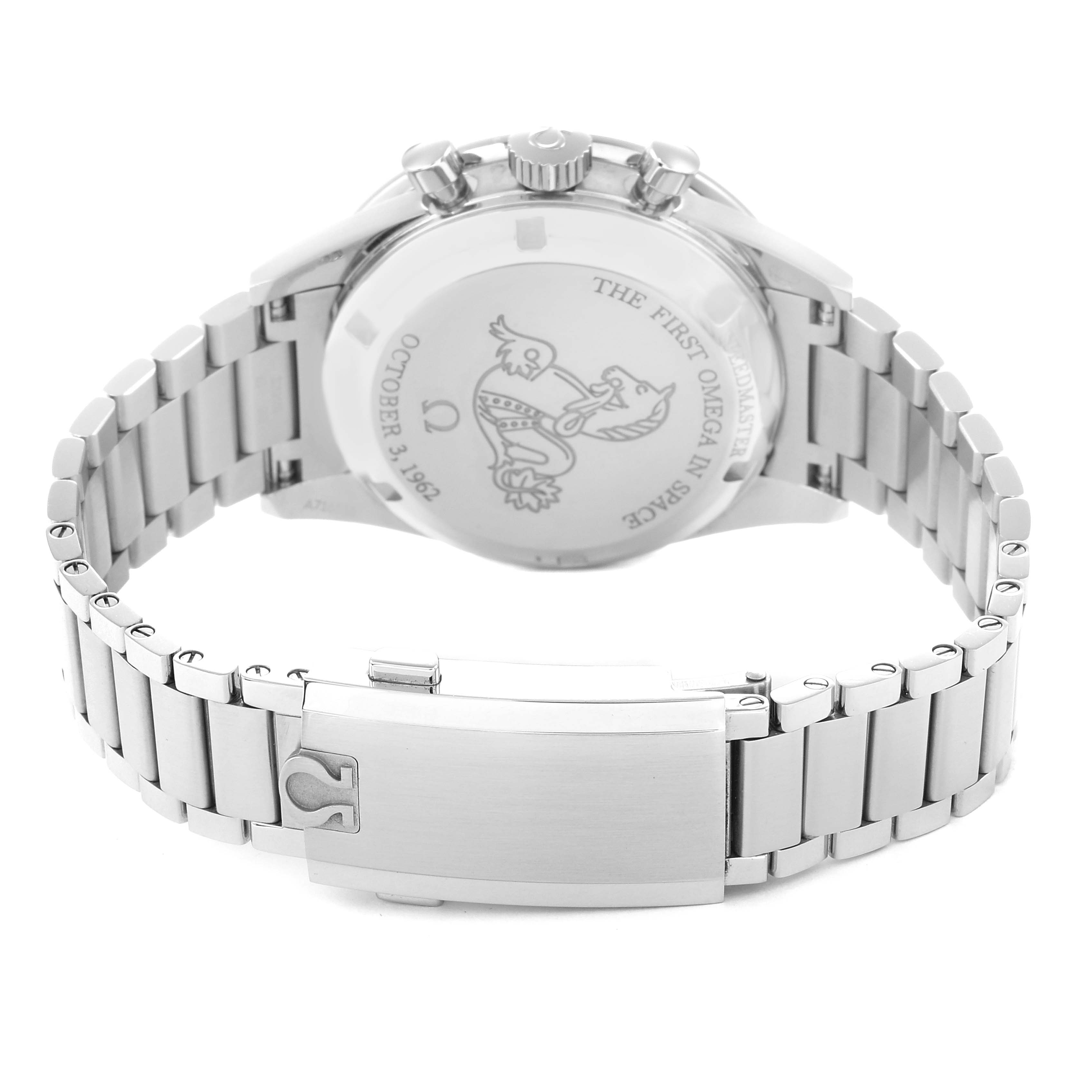 The image shows the back and bracelet of the Omega Speedmaster, model number 310.32.40.50.06.002, with its engraved case back and metal clasp visible.