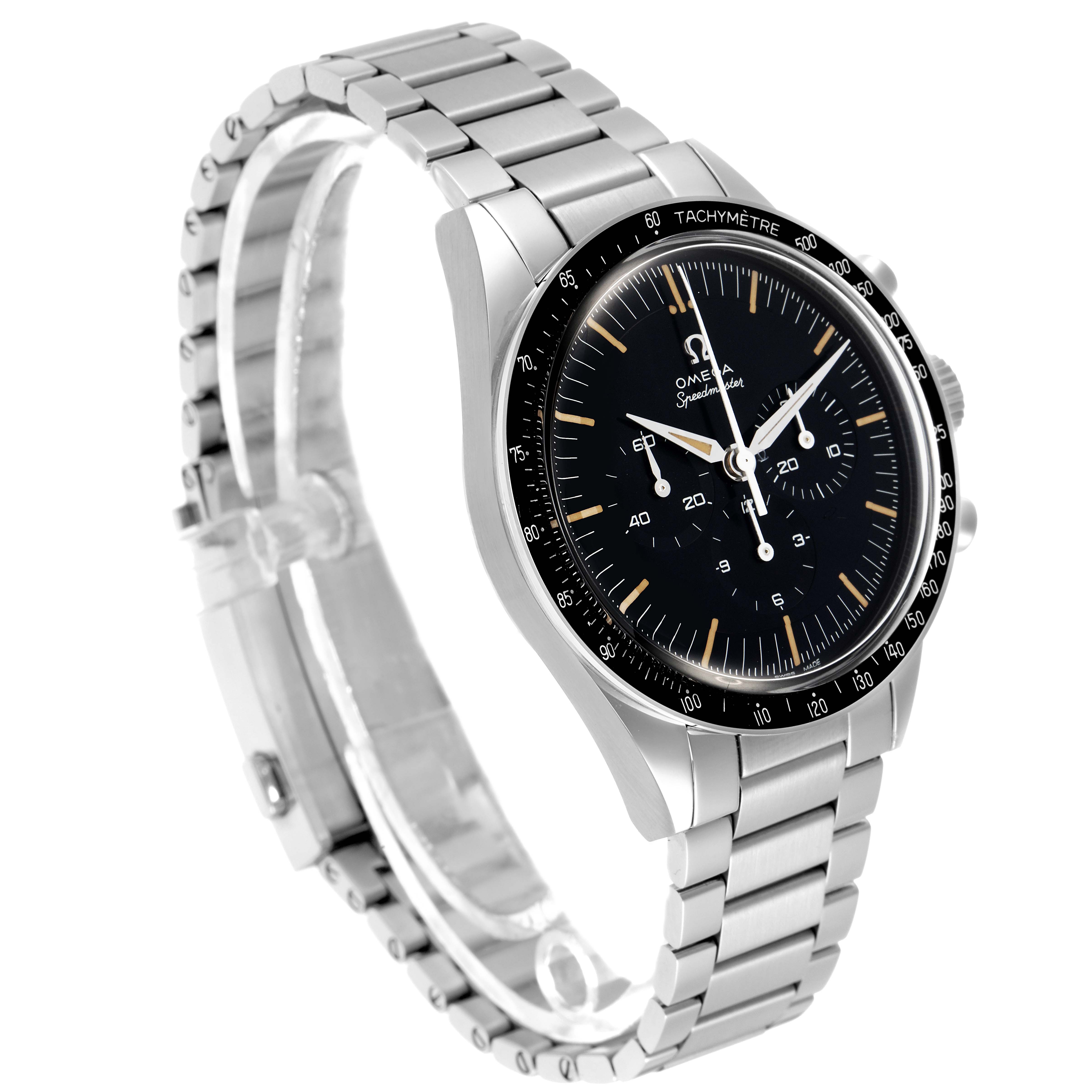 The Omega Speedmaster model 310.32.40.50.06.002 is shown from a three-quarter angle highlighting the watch face, bracelet, and side profile including pushers.
