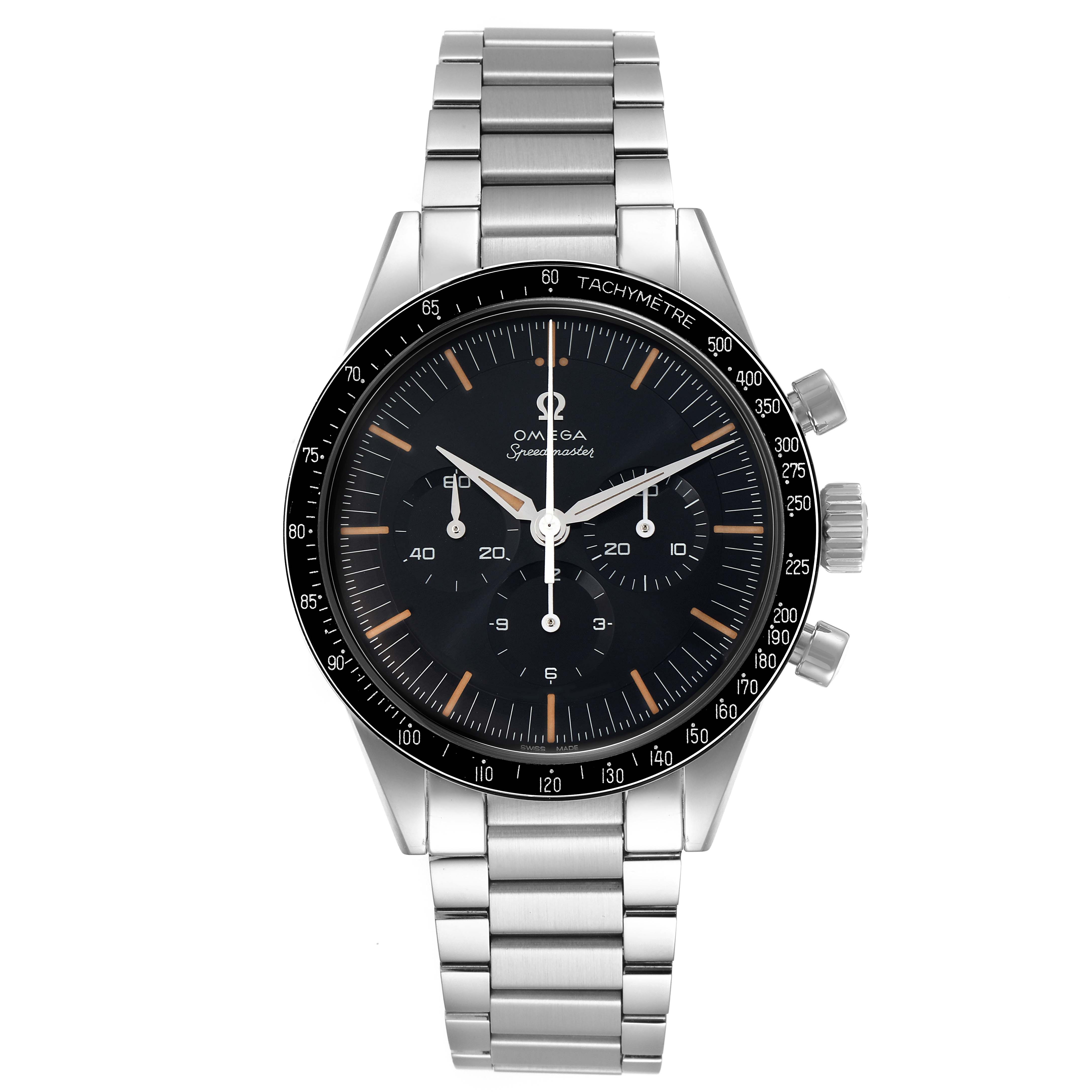 The image shows a front view of the Omega Speedmaster model 310.32.40.50.06.002, highlighting the black dial, tachymetric scale, and stainless steel bracelet.