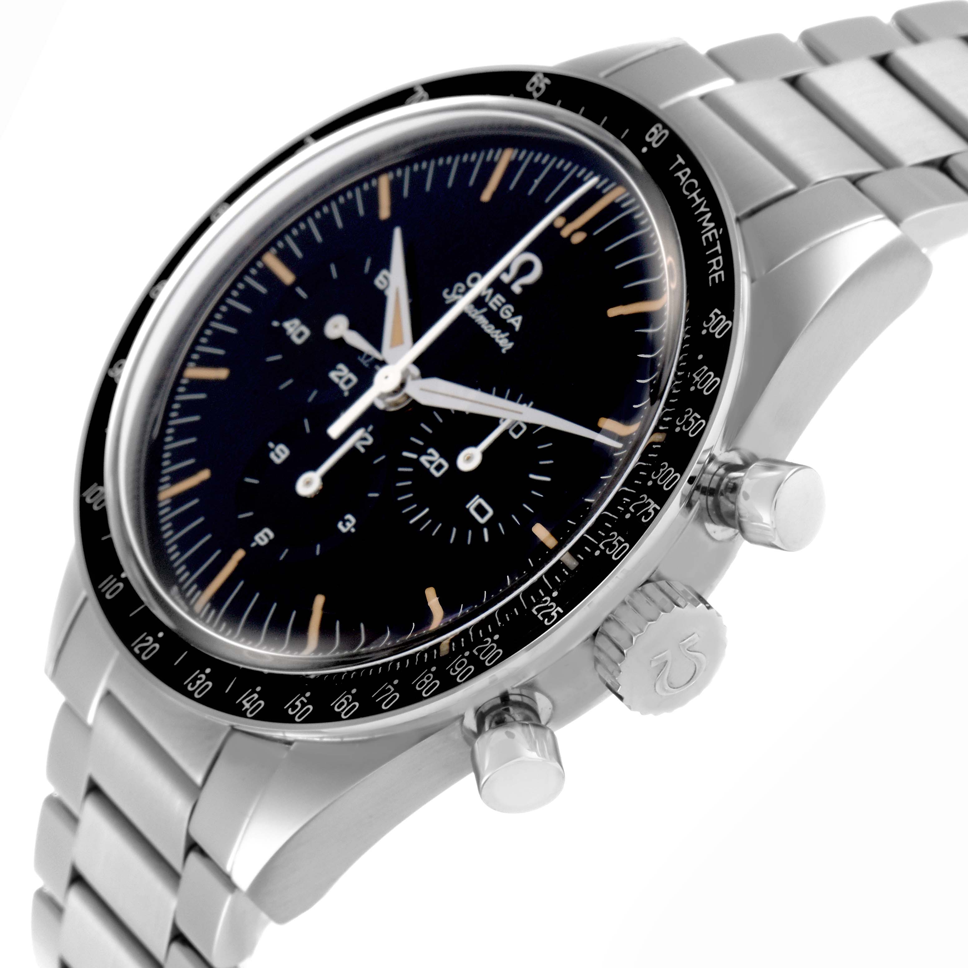 The Omega Speedmaster model 310.32.40.50.06.002 is shown at a side angle highlighting the dial, tachymeter bezel, crown, pushers, and stainless steel bracelet.