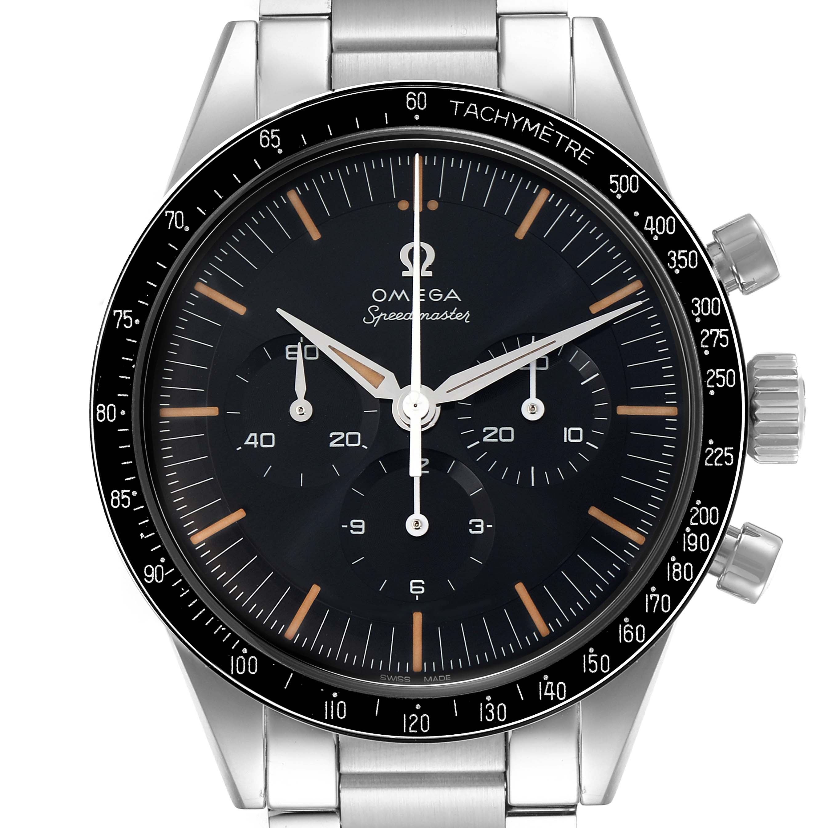 The Omega Speedmaster model 310.32.40.50.06.002 is shown from the front, displaying the dial, tachymeter, hands, subdials, and part of the bracelet and crown.